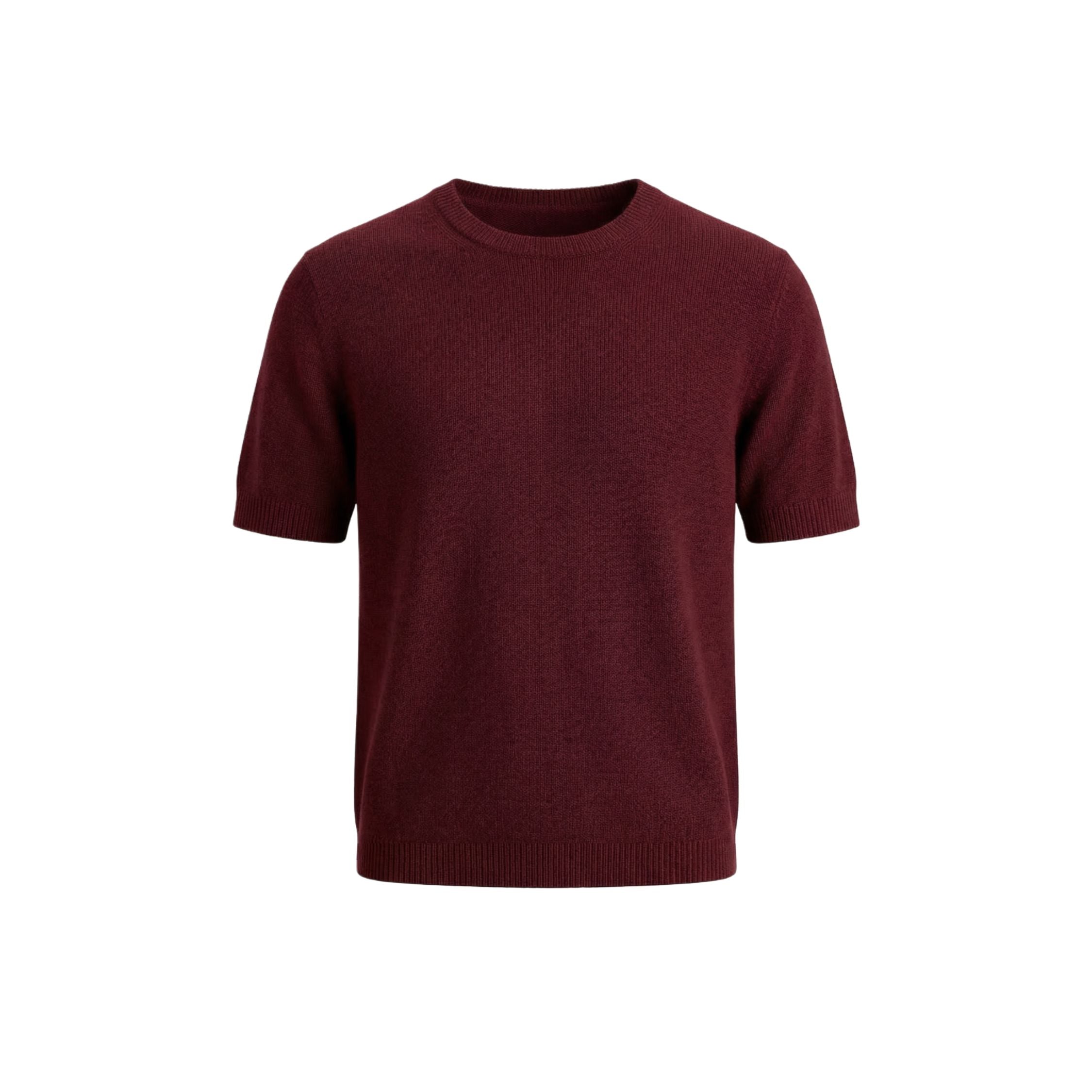 Maroon Red 100% cashmere pashmina knitted T-shirt in a regular fit, featuring a ribbed neck, cuffs, and hem.