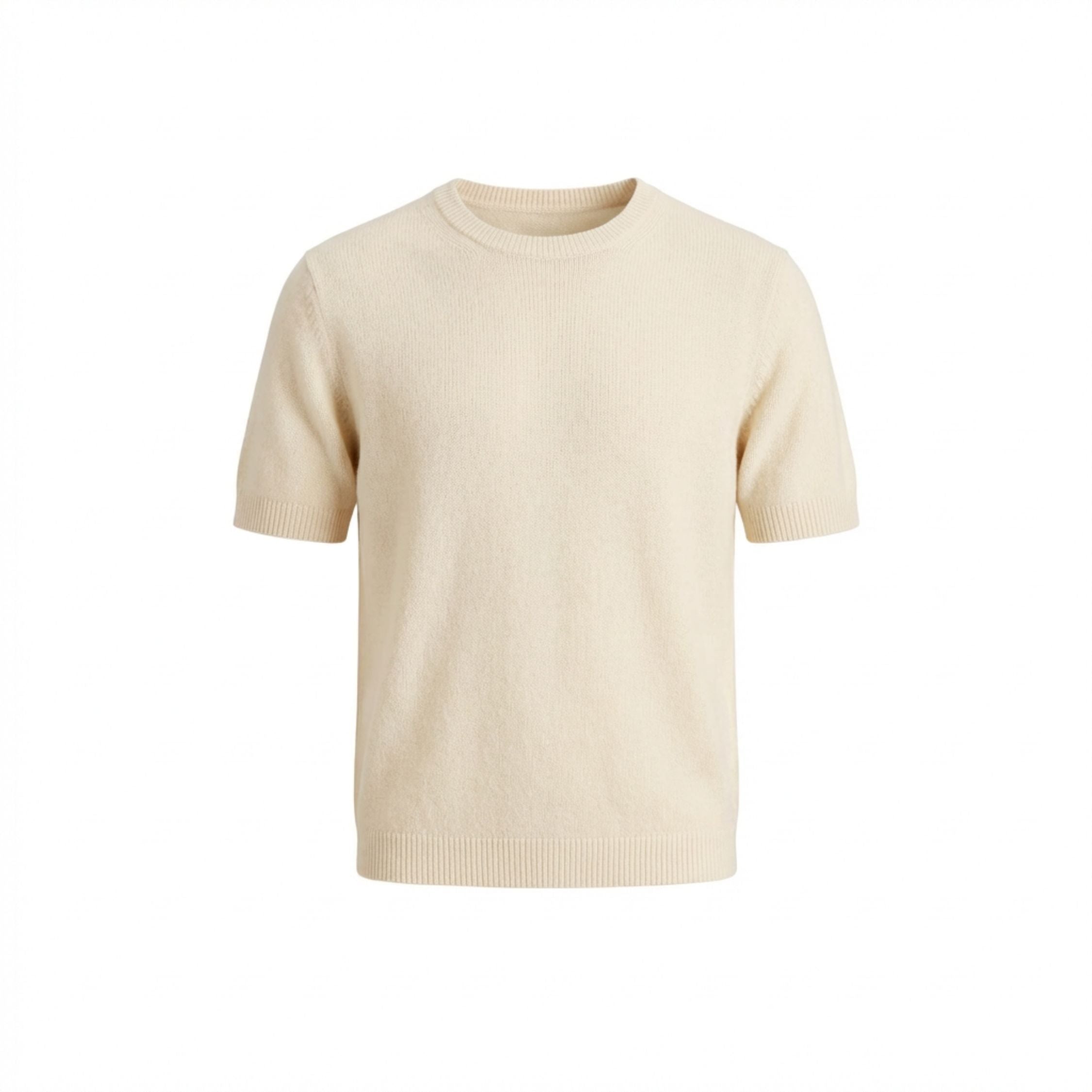 Cream White 100% cashmere pashmina knitted T-shirt in a regular fit, featuring a ribbed neck, cuffs, and hem.