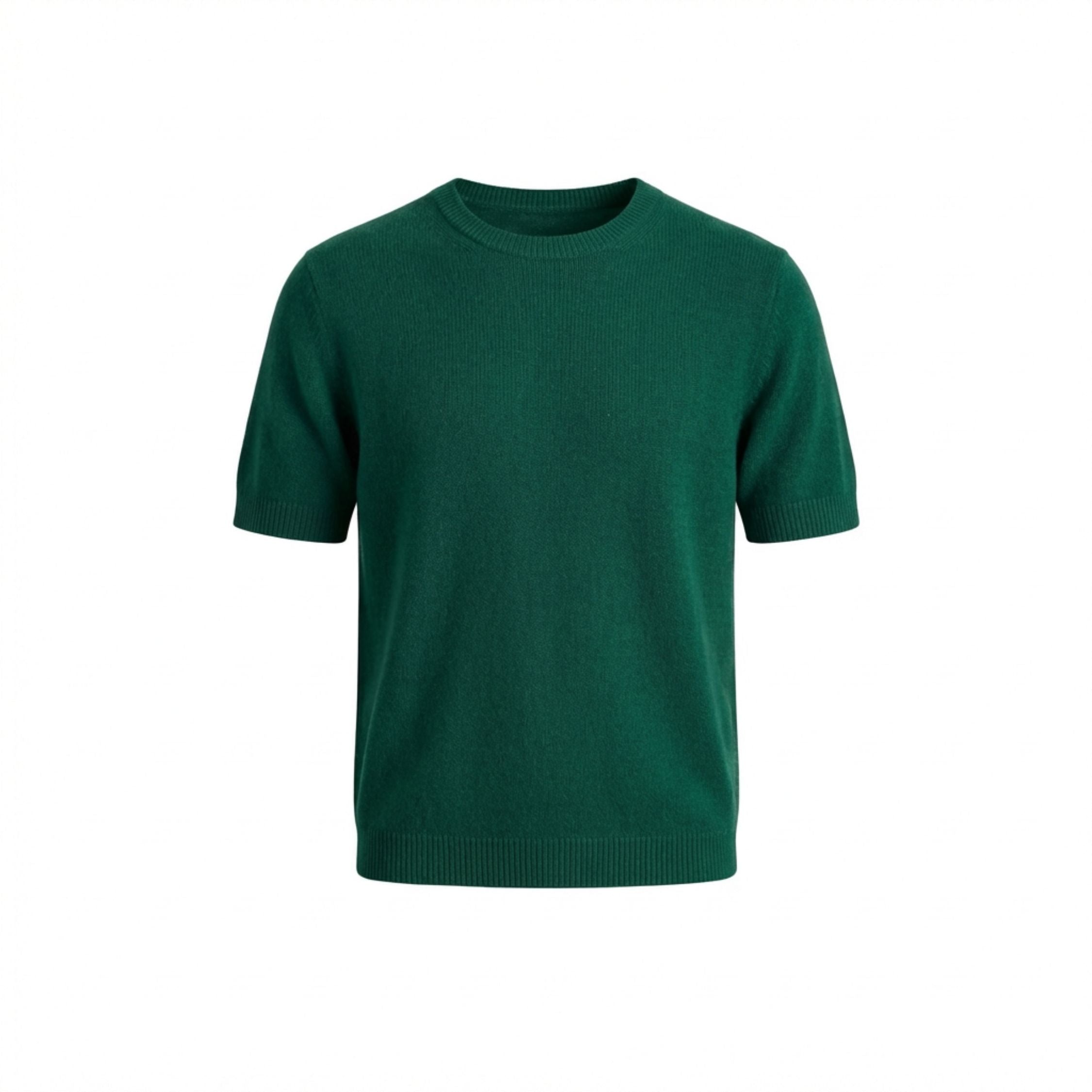 Royal green 100% cashmere pashmina knitted T-shirt in a regular fit, featuring a ribbed neck, cuffs, and hem.