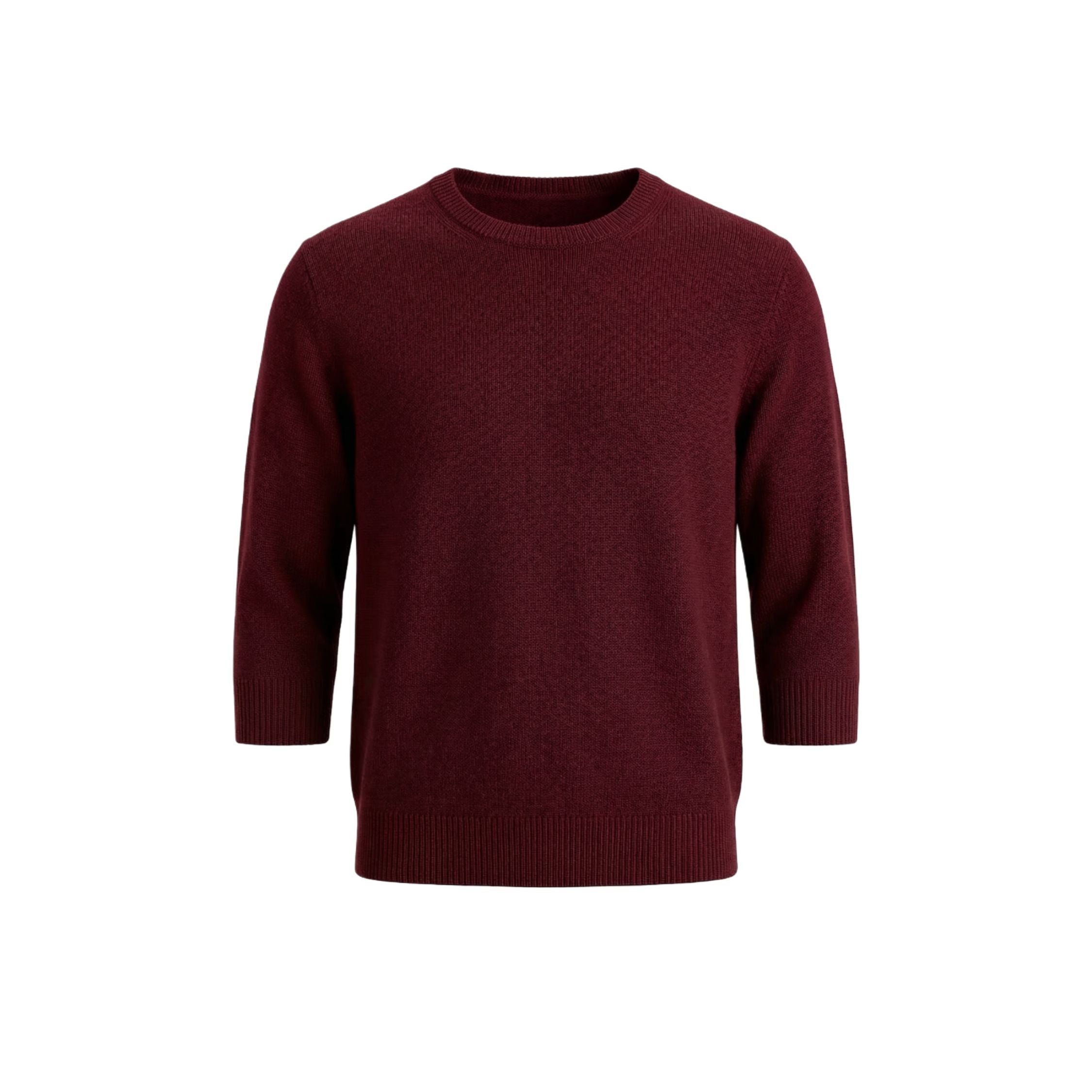 Maroon red 100% cashmere pashmina knitted 3 quarter sleeve sweater, featuring a ribbed neck, cuffs, and hem.