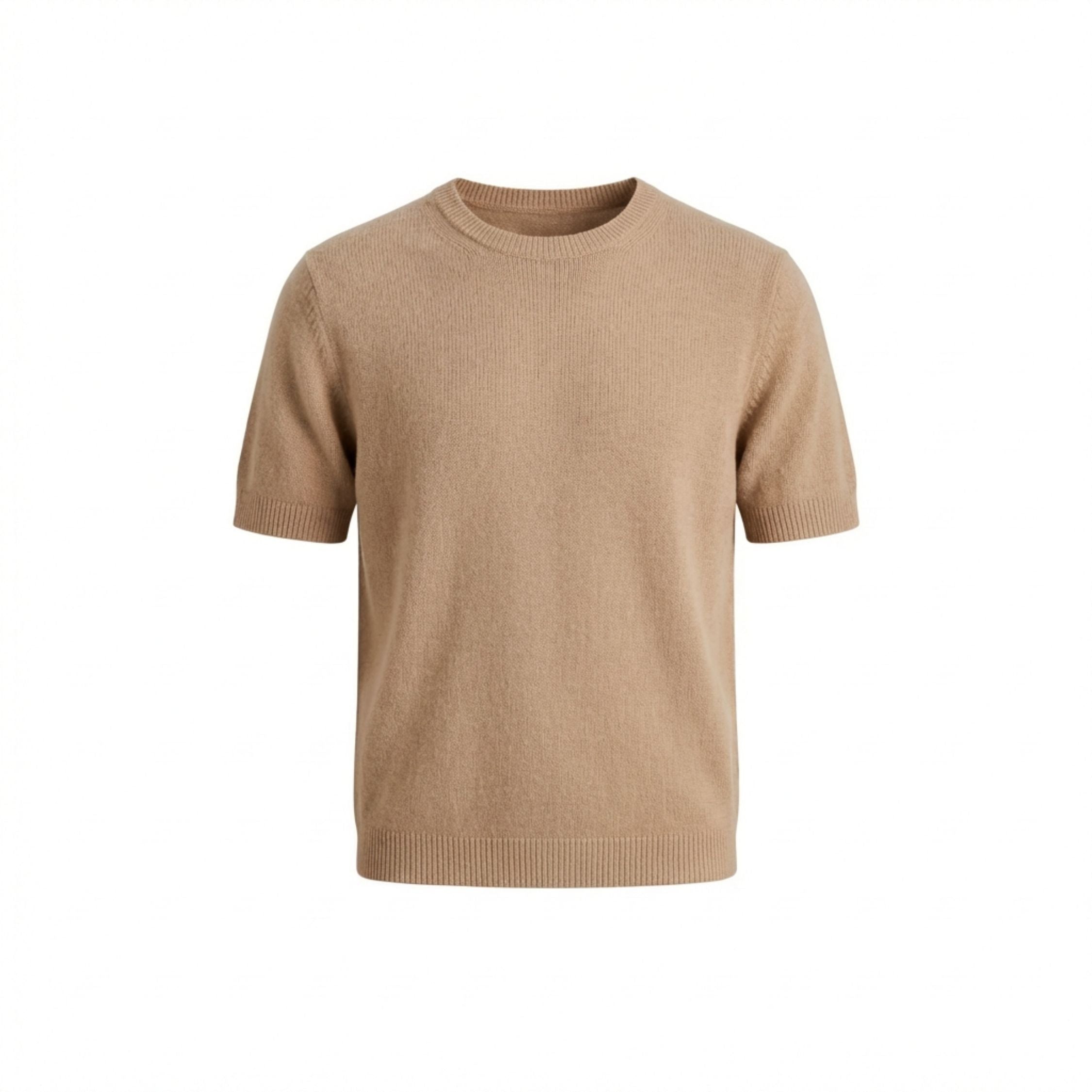 Beige 100% cashmere pashmina knitted T-shirt in a regular fit, featuring a ribbed neck, cuffs, and hem.