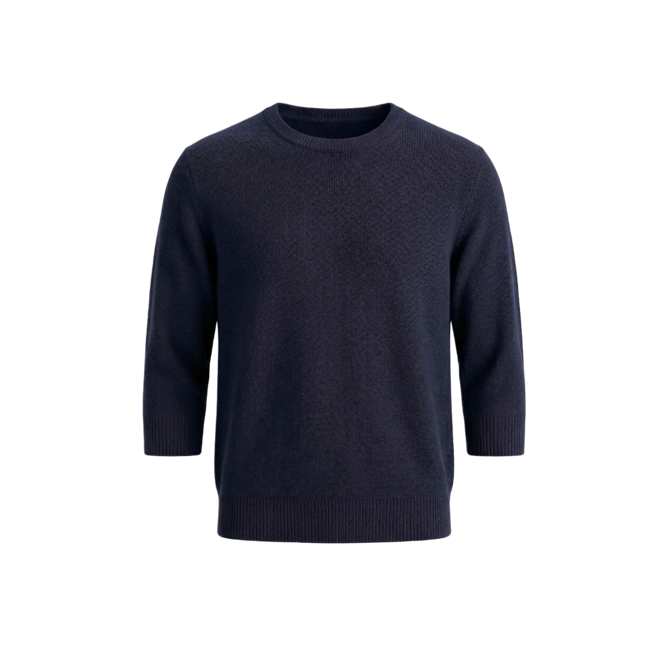 Navy Blue 100% cashmere pashmina knitted 3 quarter sleeve sweater, featuring a ribbed neck, cuffs, and hem.