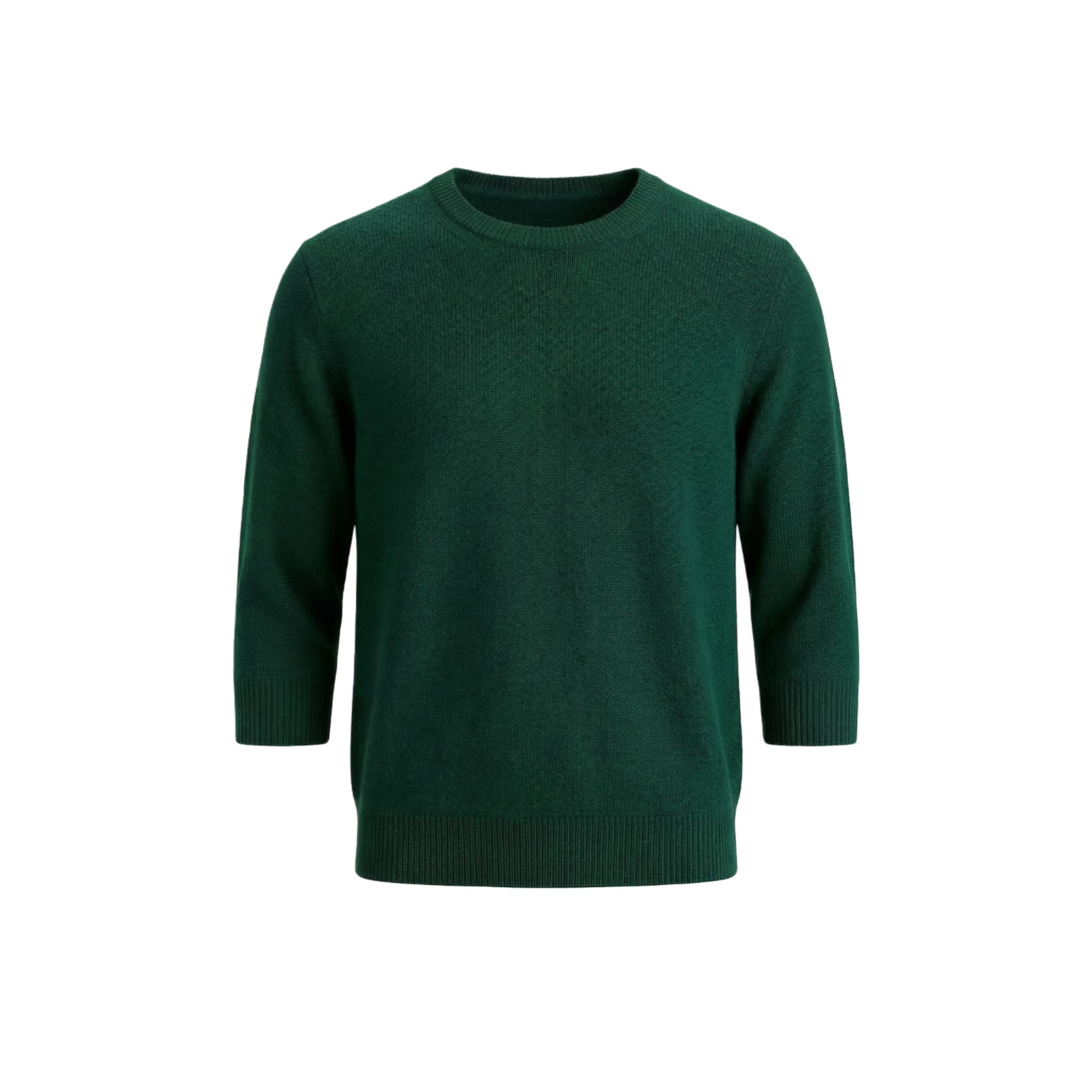 Royal Green 100% cashmere pashmina knitted 3 quarter sleeve sweater, featuring a ribbed neck, cuffs, and hem.