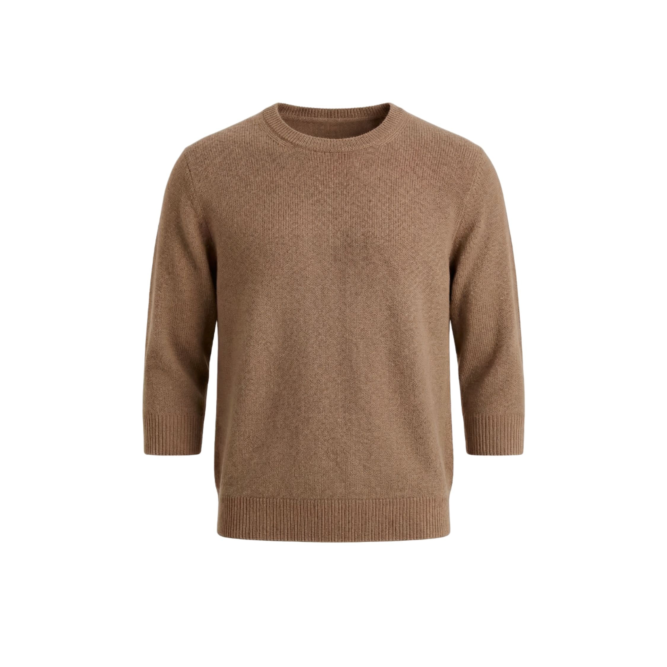 Beige 100% cashmere pashmina knitted 3 quarter sleeve sweater, featuring a ribbed neck, cuffs, and hem.