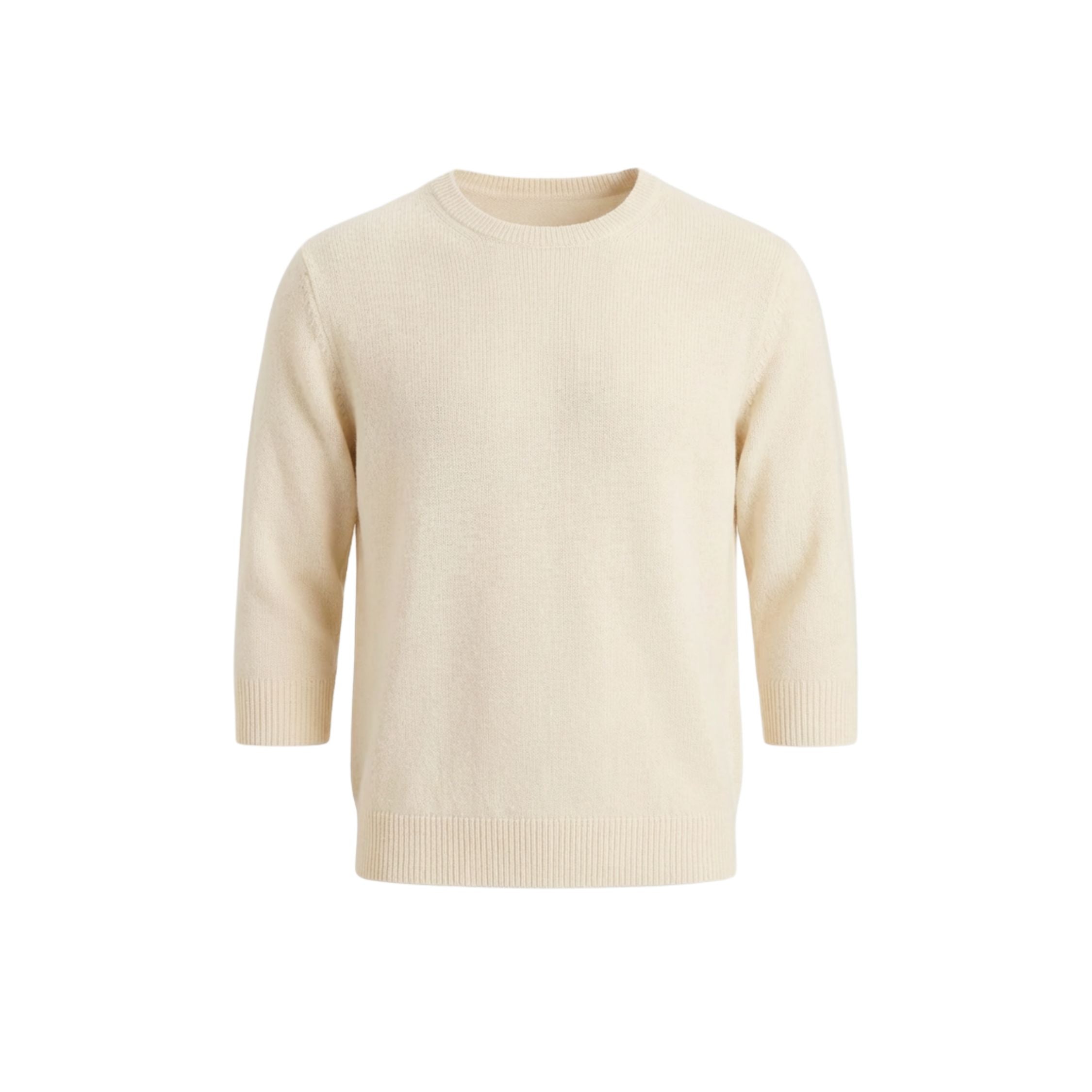 Cream White 100% cashmere pashmina knitted 3 quarter sleeve sweater, featuring a ribbed neck, cuffs, and hem.