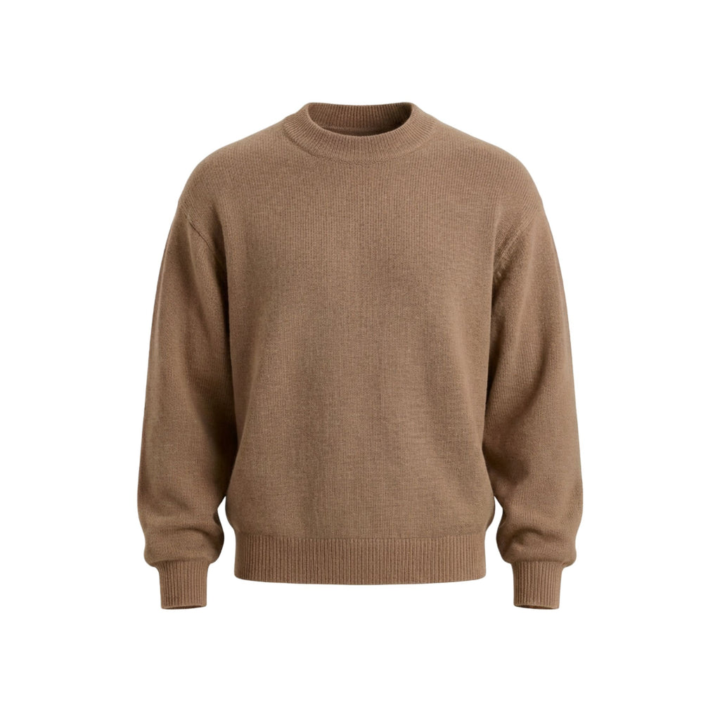 Beige 100% cashmere pashmina relaxed-arm sweater in a regular fit, featuring a ribbed neck, cuffs, and hem.