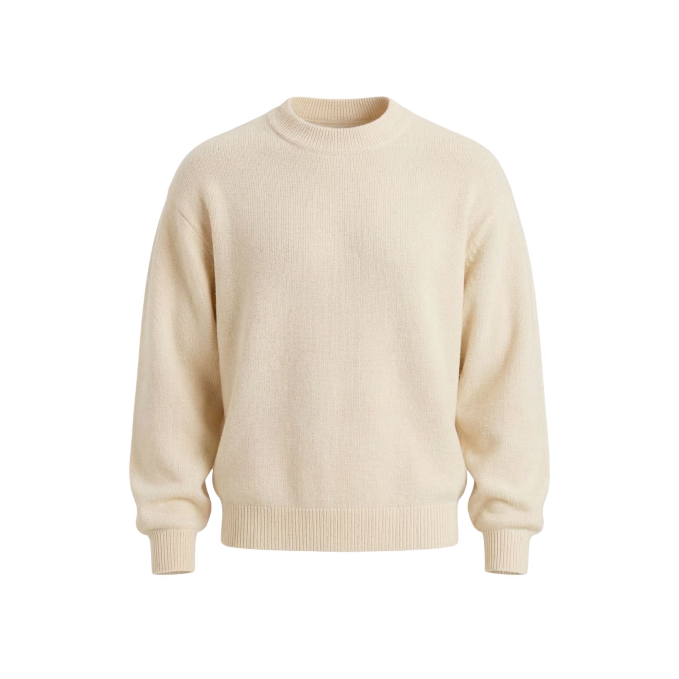 Cream White 100% cashmere pashmina relaxed-arm sweater in a regular fit, featuring a ribbed neck, cuffs, and hem.