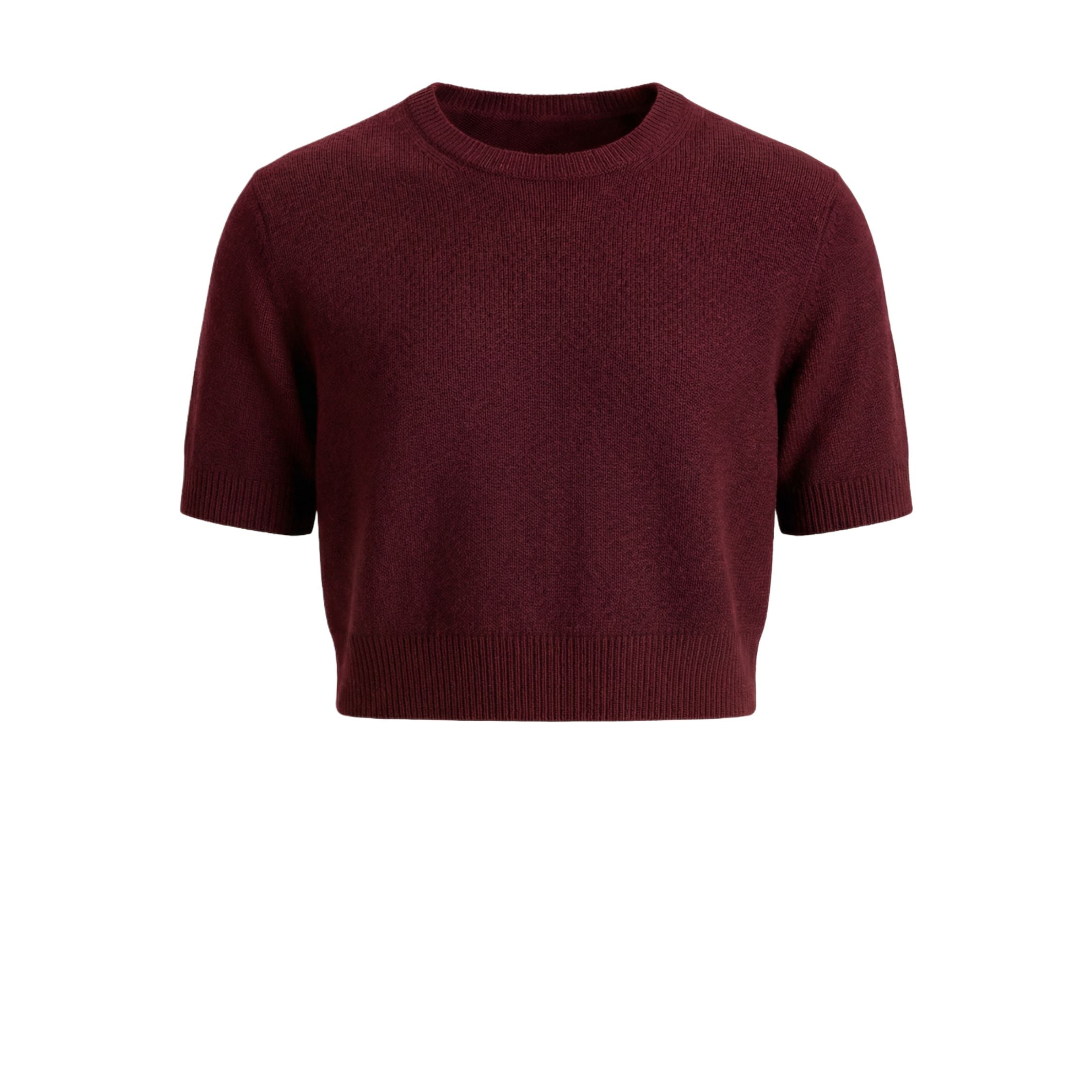 Maroon Red 100% cashmere pashmina knitted short sleeve crop top , featuring a ribbed neck, cuffs, and hem.