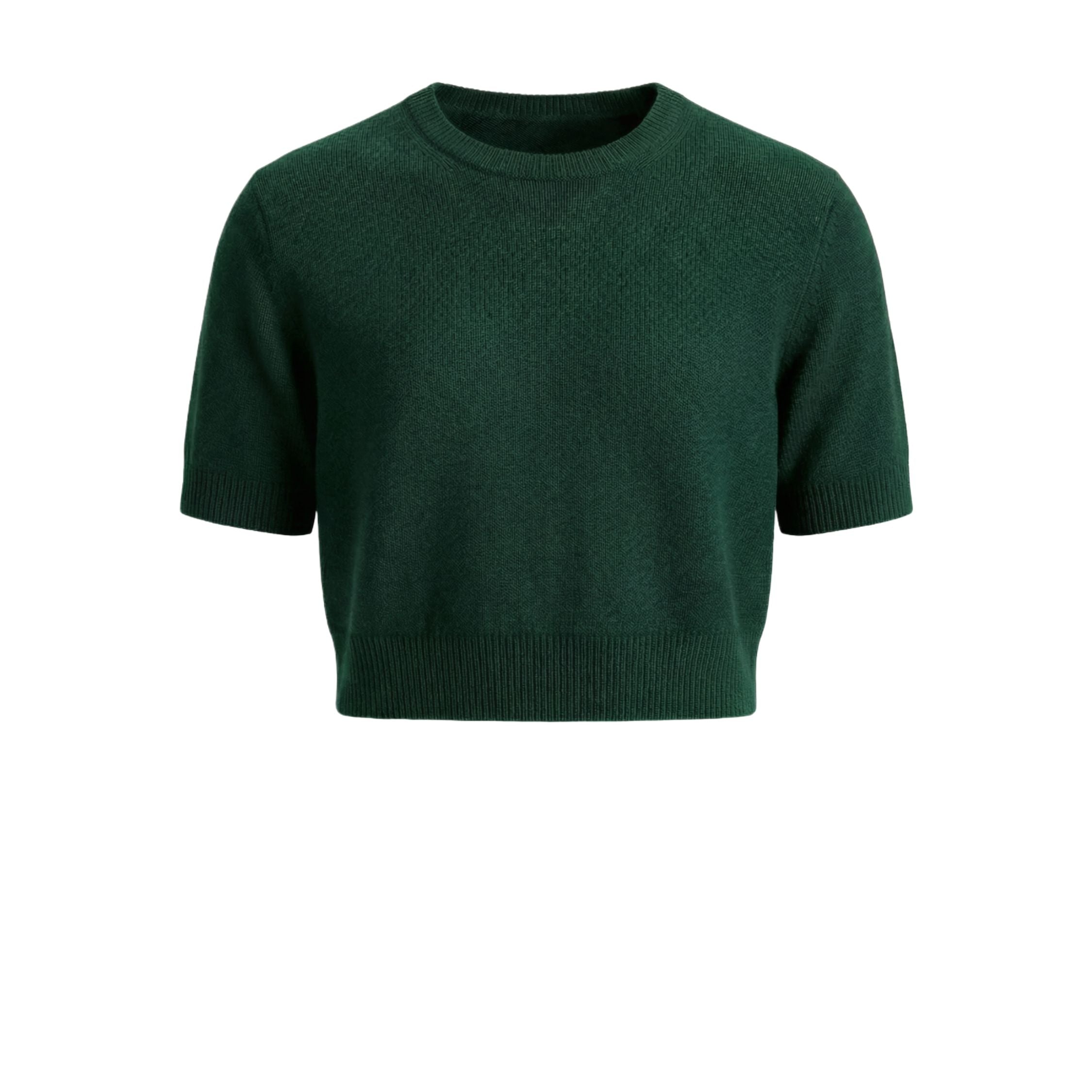 Royal green 100% cashmere pashmina knitted short sleeve crop top , featuring a ribbed neck, cuffs, and hem.