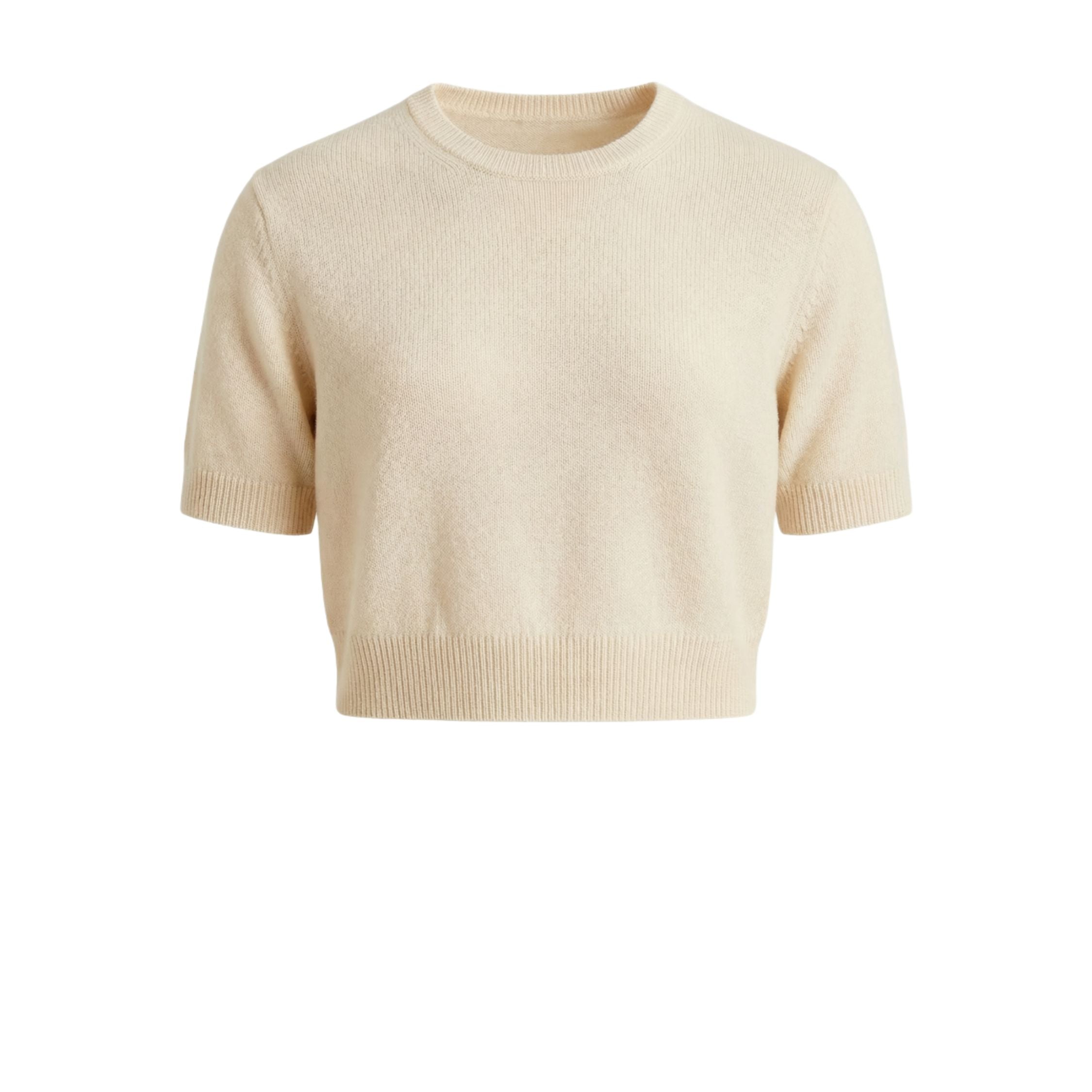 Cream White 100% cashmere pashmina knitted short sleeve crop top , featuring a ribbed neck, cuffs, and hem.