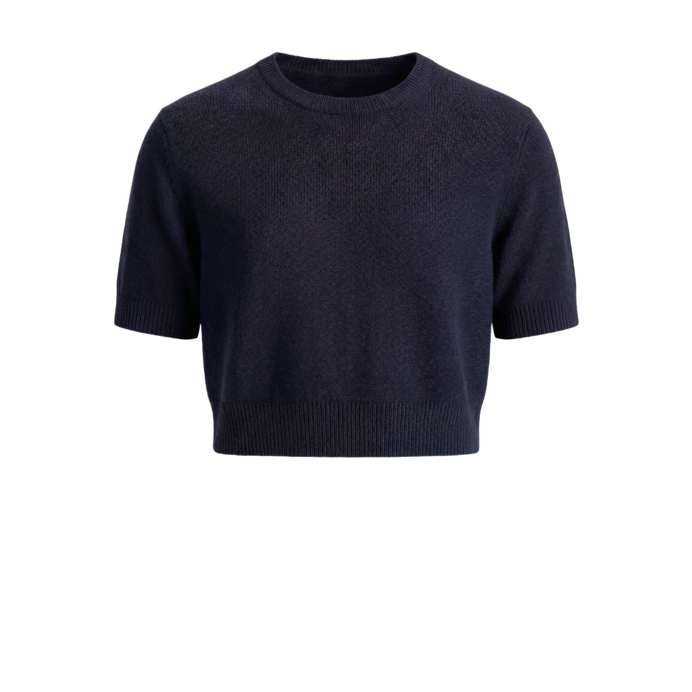 Navy Blue 100% cashmere pashmina knitted short sleeve crop top , featuring a ribbed neck, cuffs, and hem.