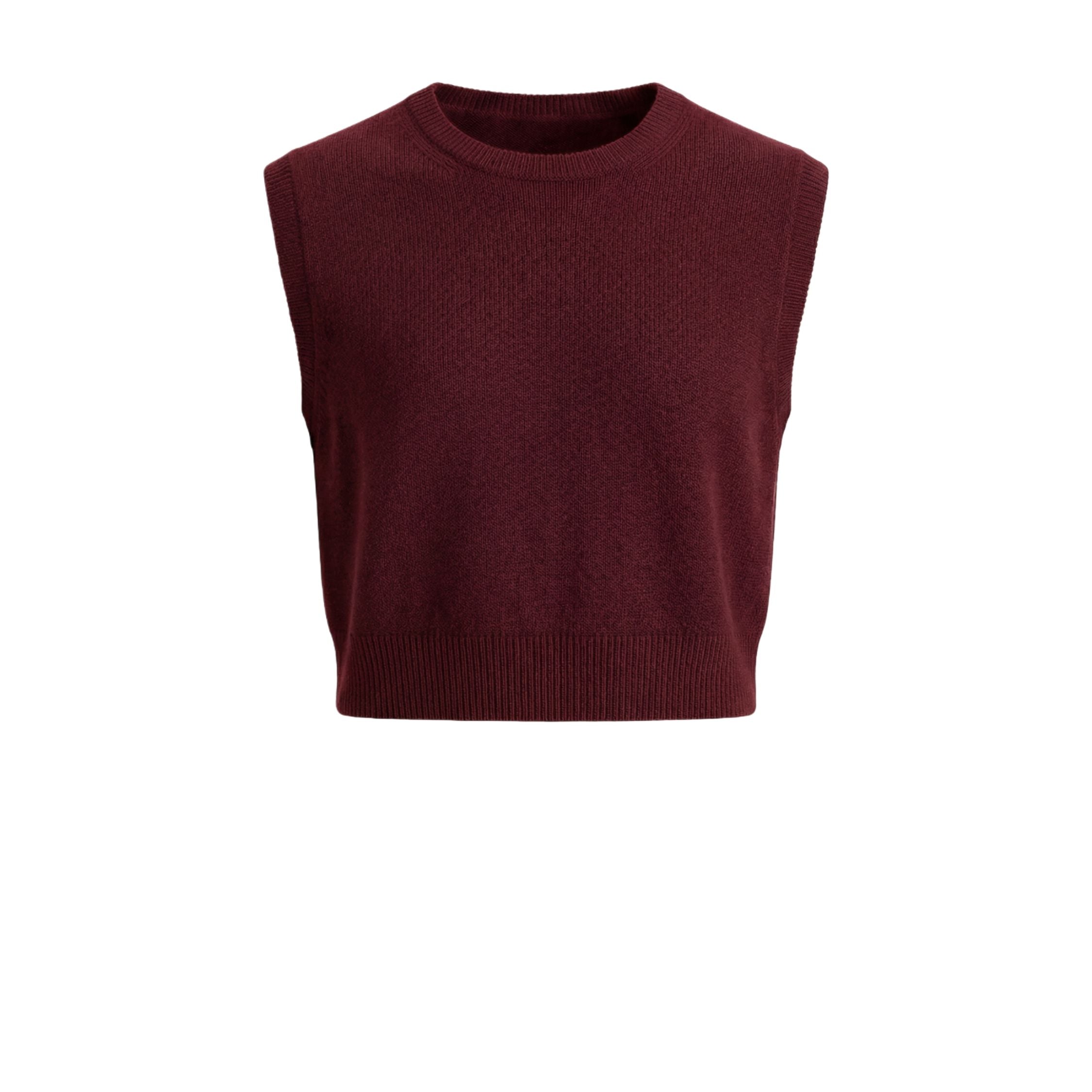 Maroon red 100% cashmere pashmina knitted sleeveless crop top, featuring a ribbed neck, cuffs, and hem.
