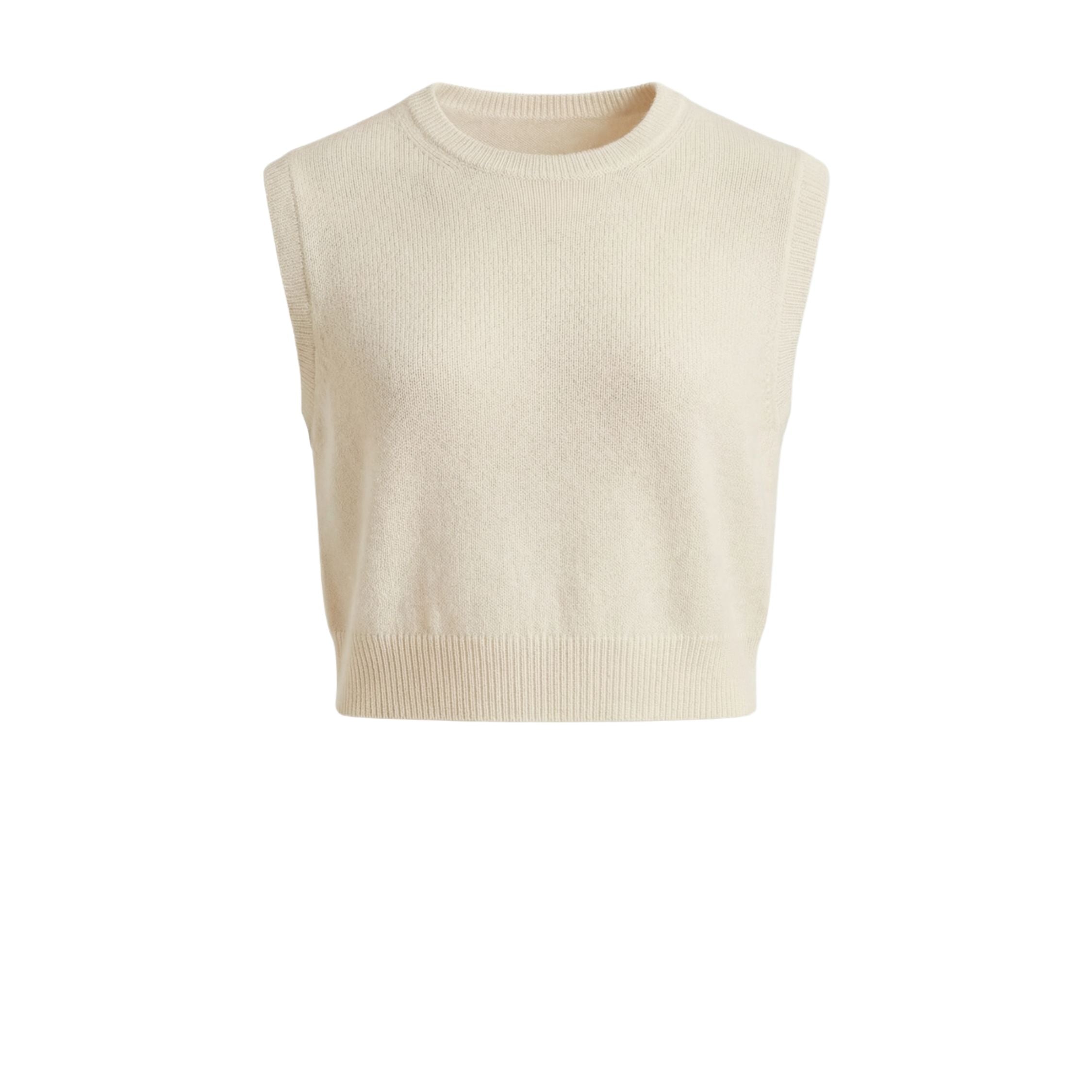 cream white 100% cashmere pashmina knitted sleeveless crop top, featuring a ribbed neck, cuffs, and hem.