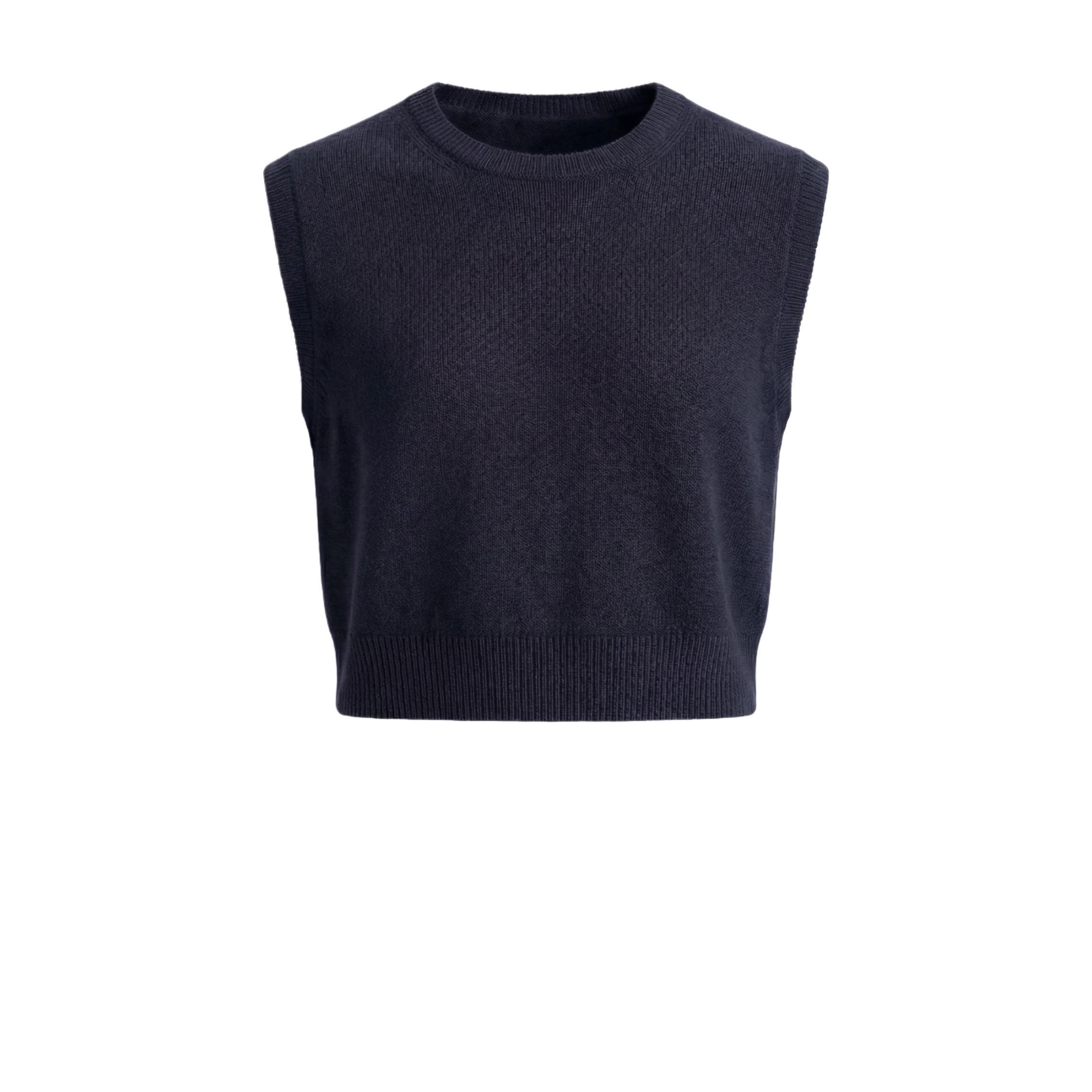 Navy Blue 100% cashmere pashmina knitted sleeveless crop top, featuring a ribbed neck, cuffs, and hem.