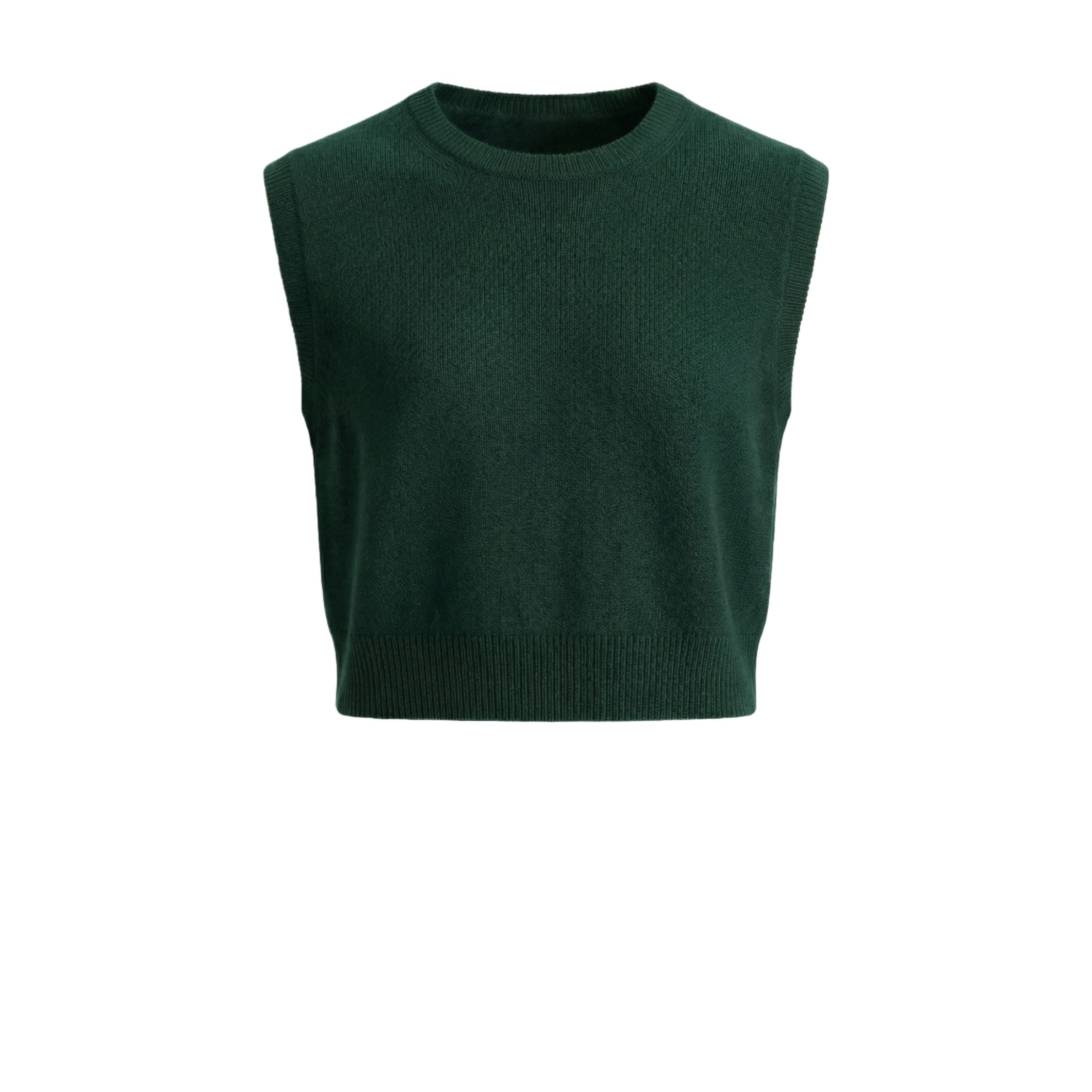 Royal green 100% cashmere pashmina knitted sleeveless crop top, featuring a ribbed neck, cuffs, and hem.