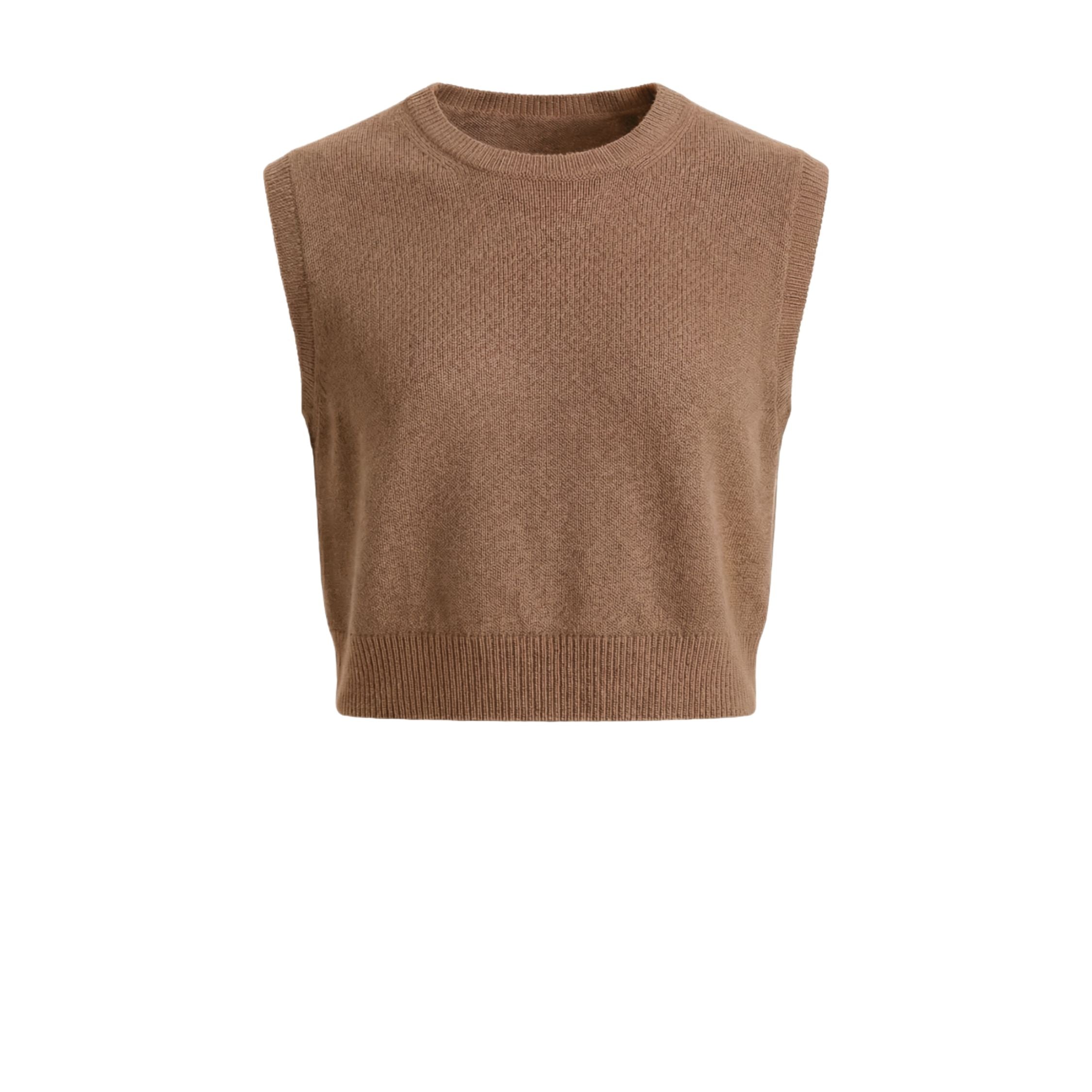 Beige 100% cashmere pashmina knitted sleeveless crop top, featuring a ribbed neck, cuffs, and hem.