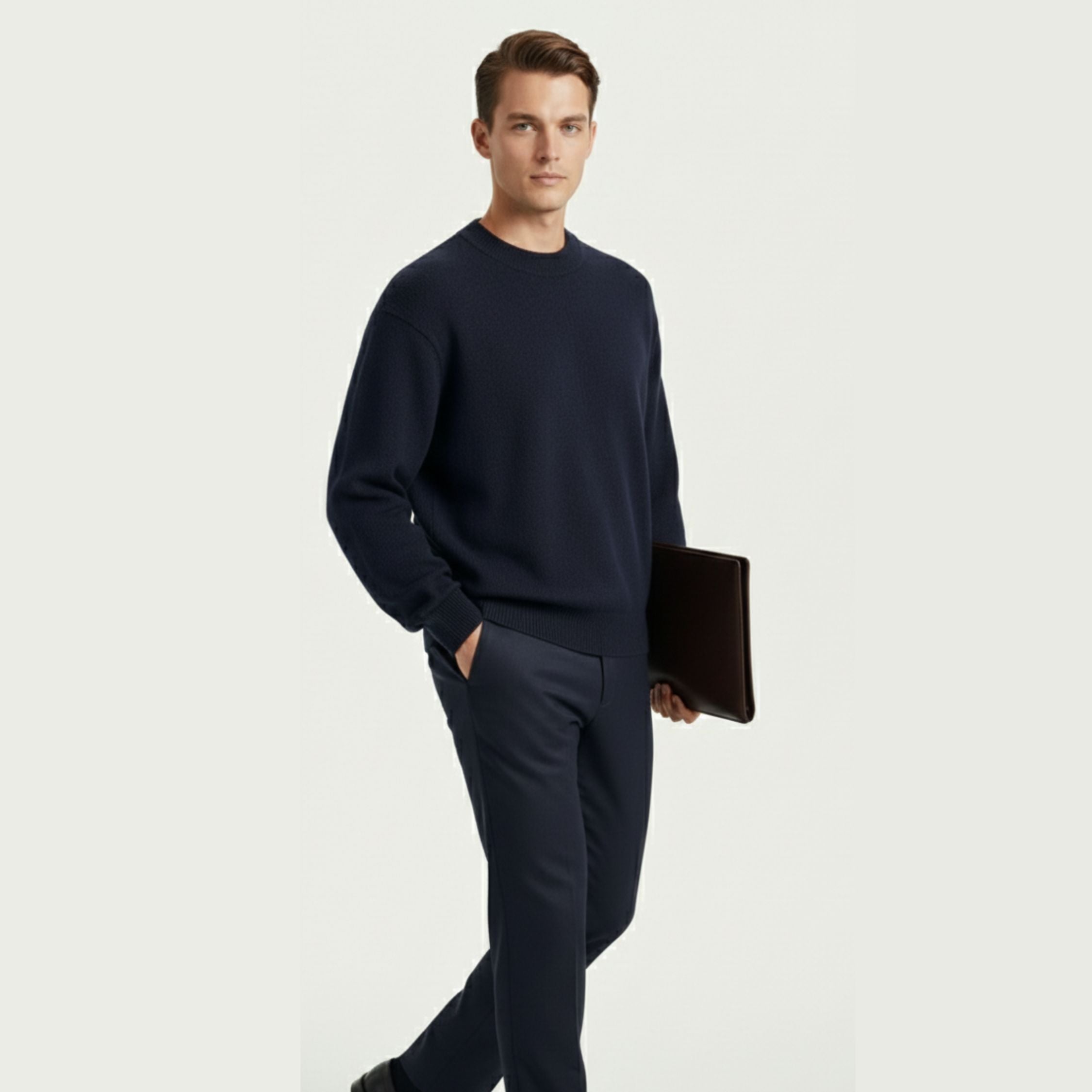 Male model wearing a Navy Blue, regular-fit relaxed-arm sweater made of 100% cashmere pashmina, paired with navy trousers.