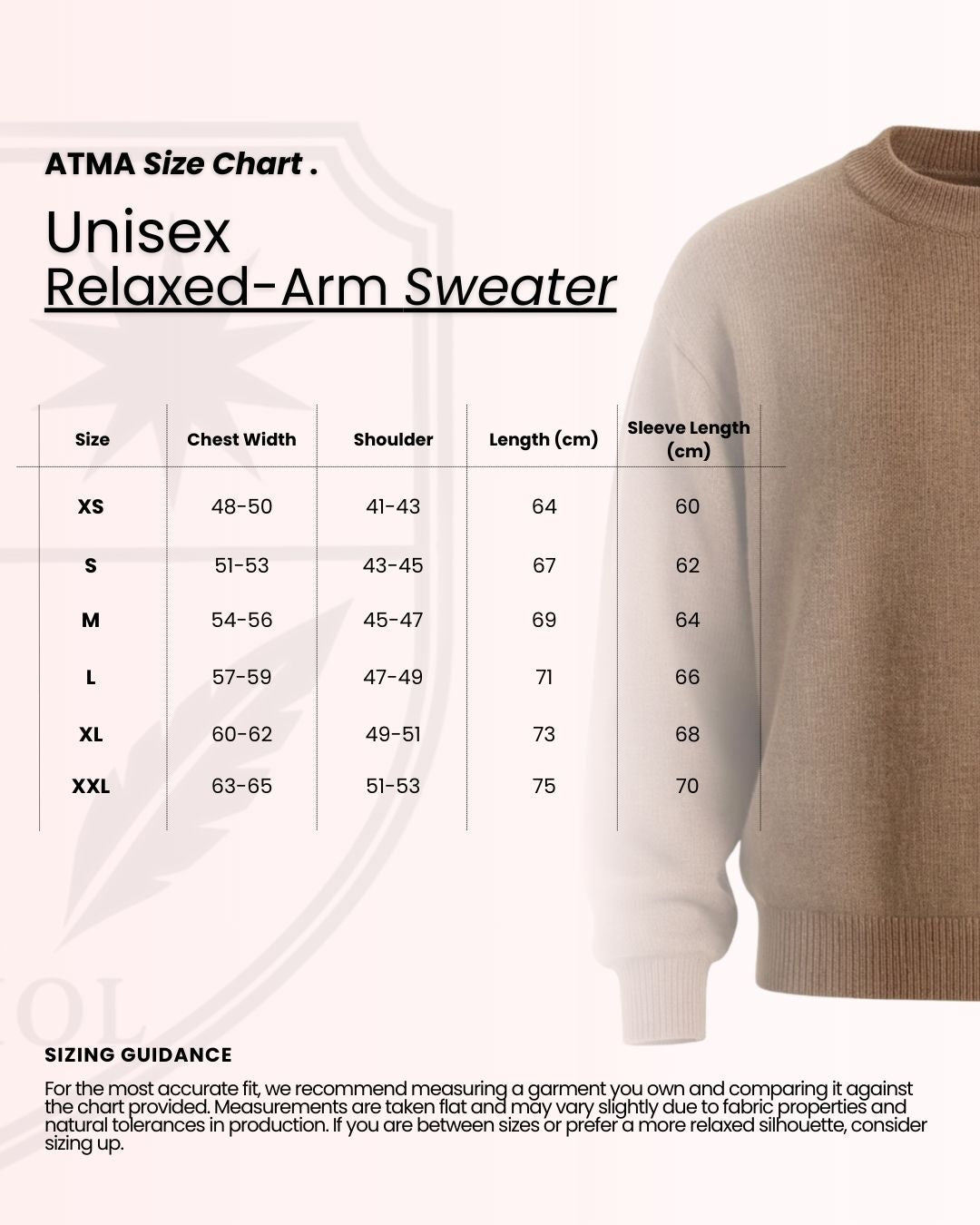 Size chart for ATMA Unisex Relaxed-Arm Sweater with a brown sweater on the right.