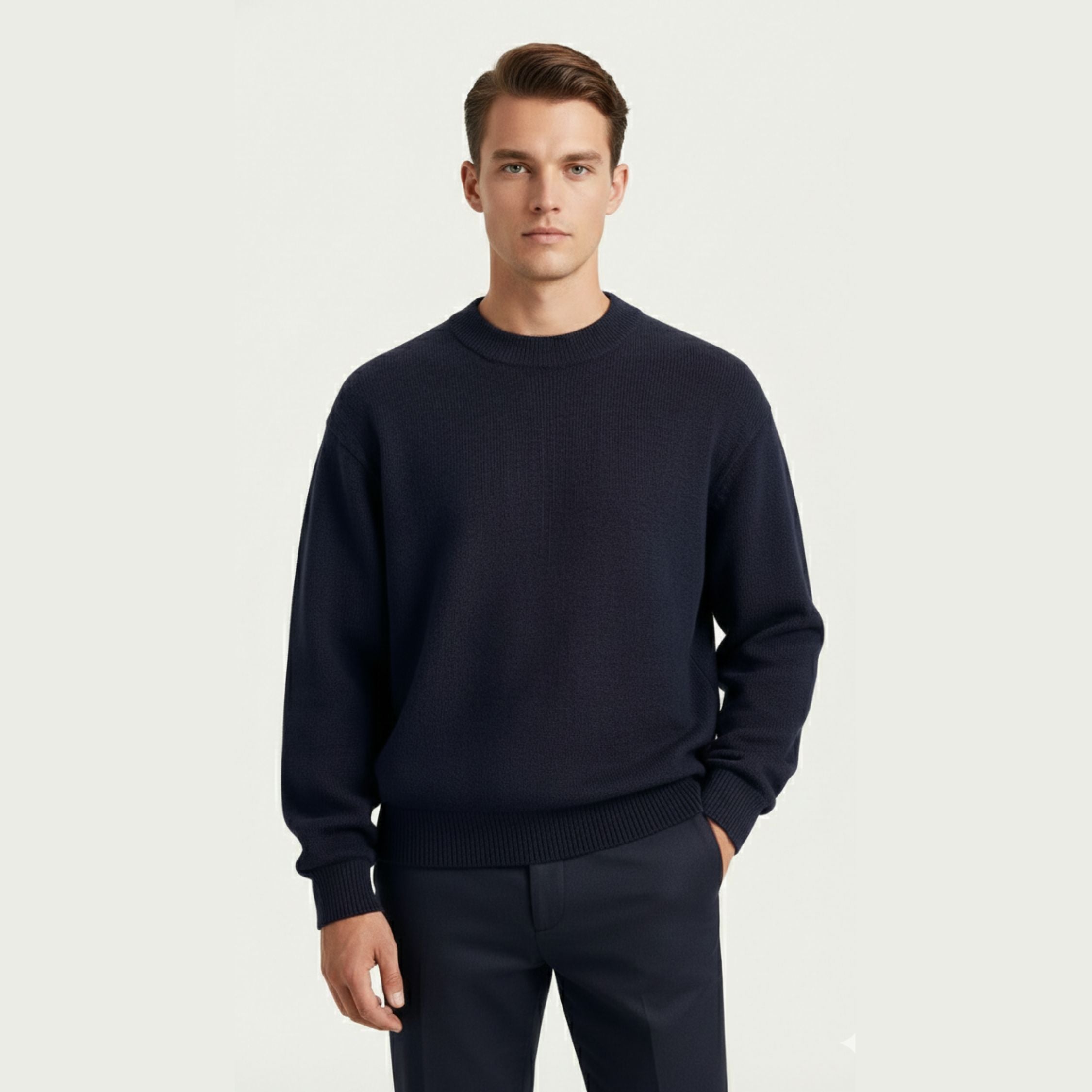 Male model wearing a Navy Blue, regular-fit relaxed-arm sweater made of 100% cashmere pashmina, paired with navy trousers.