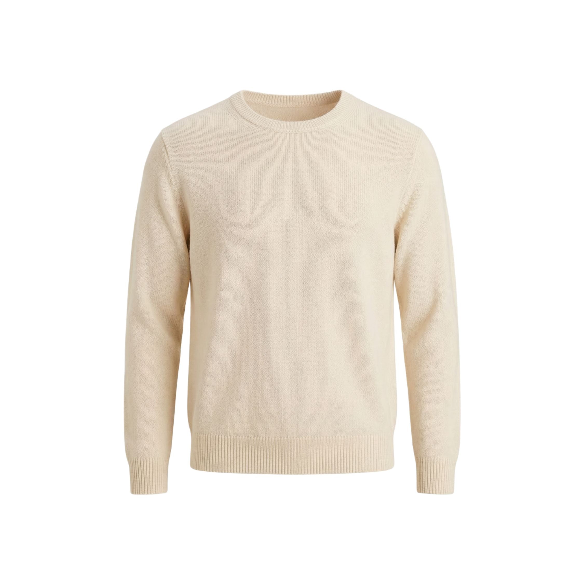 Cream White 100% cashmere pashmina sweater in a regular fit, featuring a ribbed neck, cuffs, and hem.