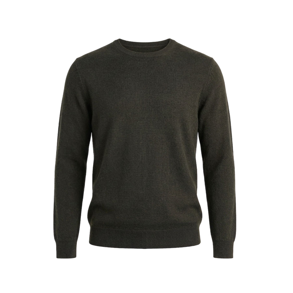 Dark gray 100% Cashmere sweater on a white background.