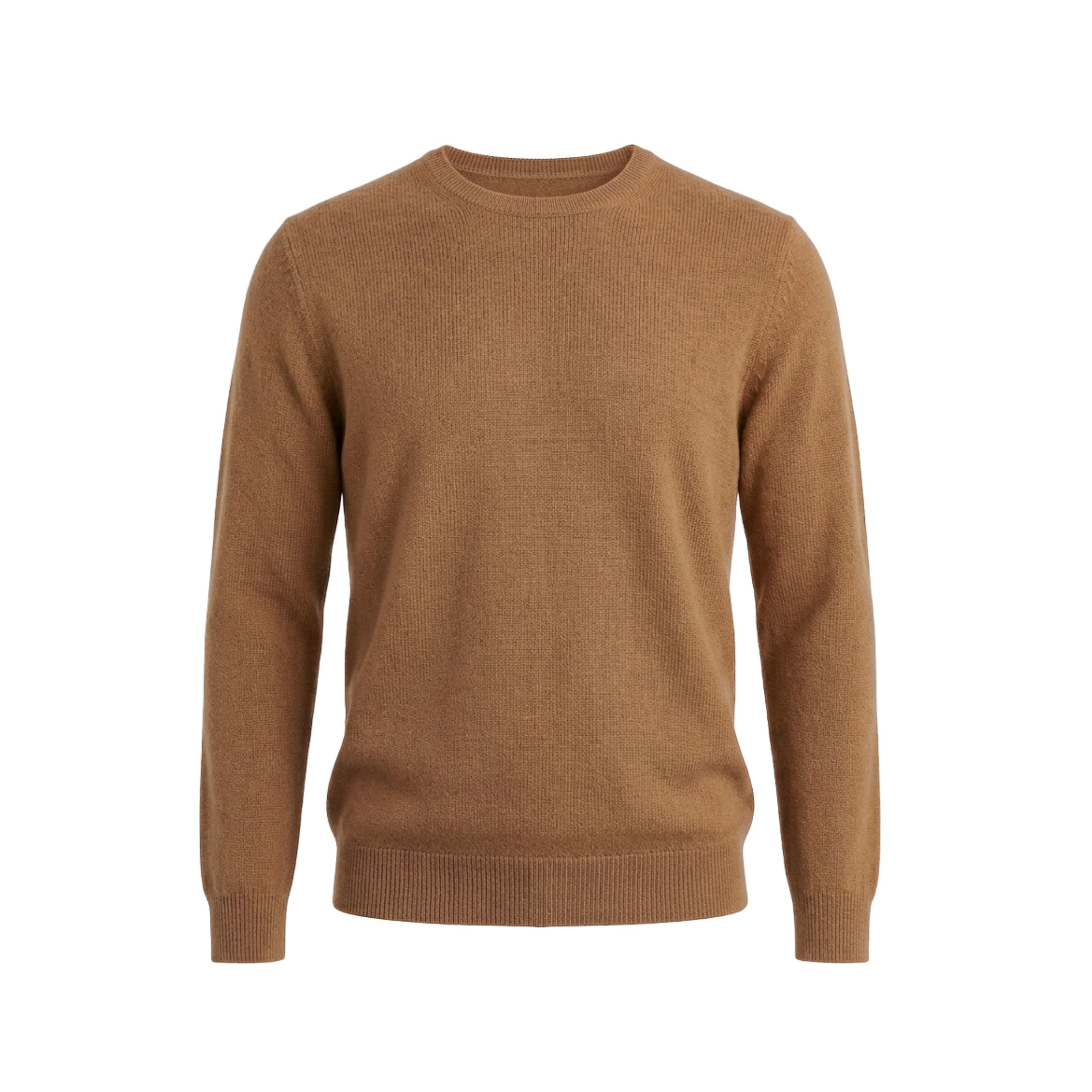 Brown 100% Cashmere sweater on a white background.
