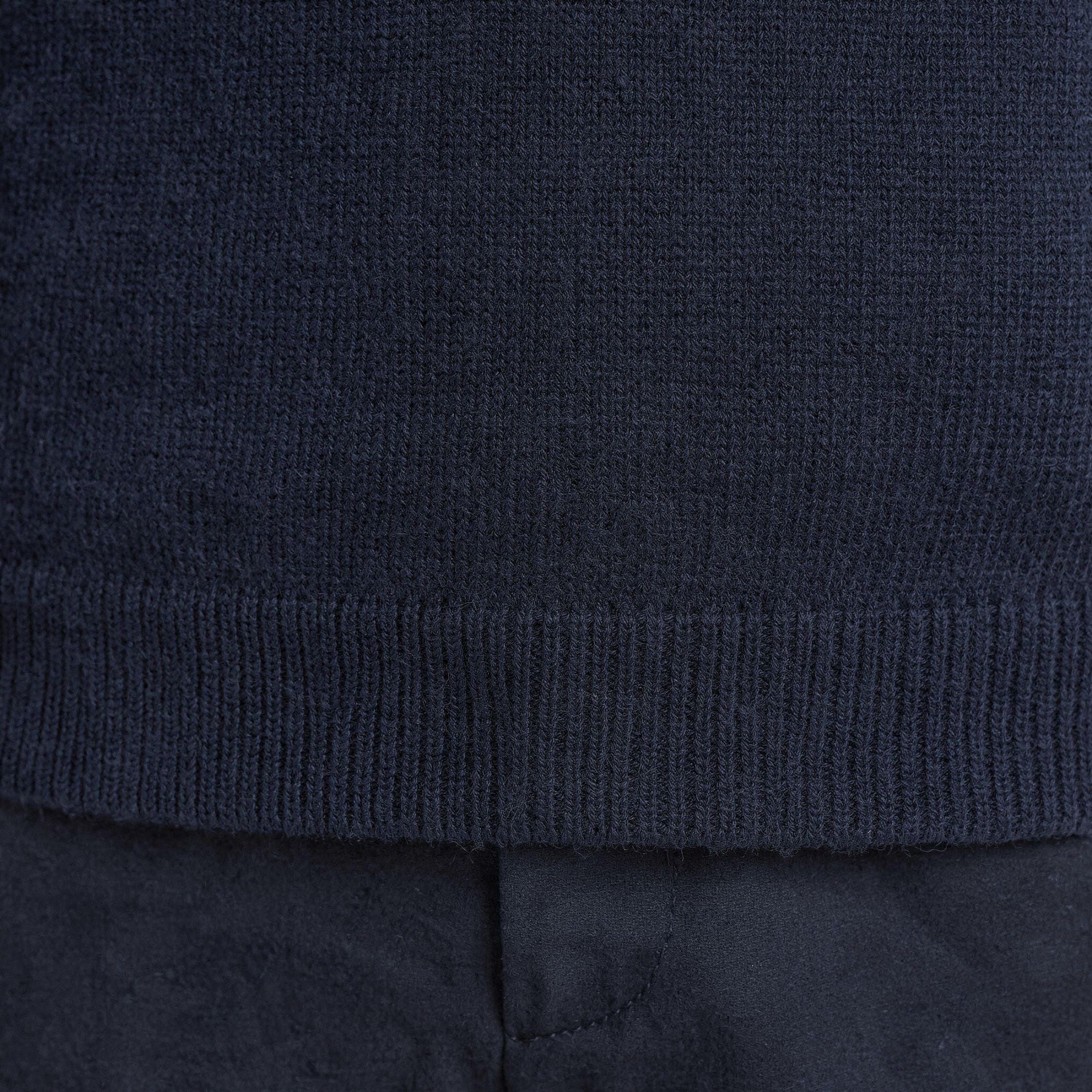Close-up of a dark blue 100% Cashmere sweater with a textured pattern.