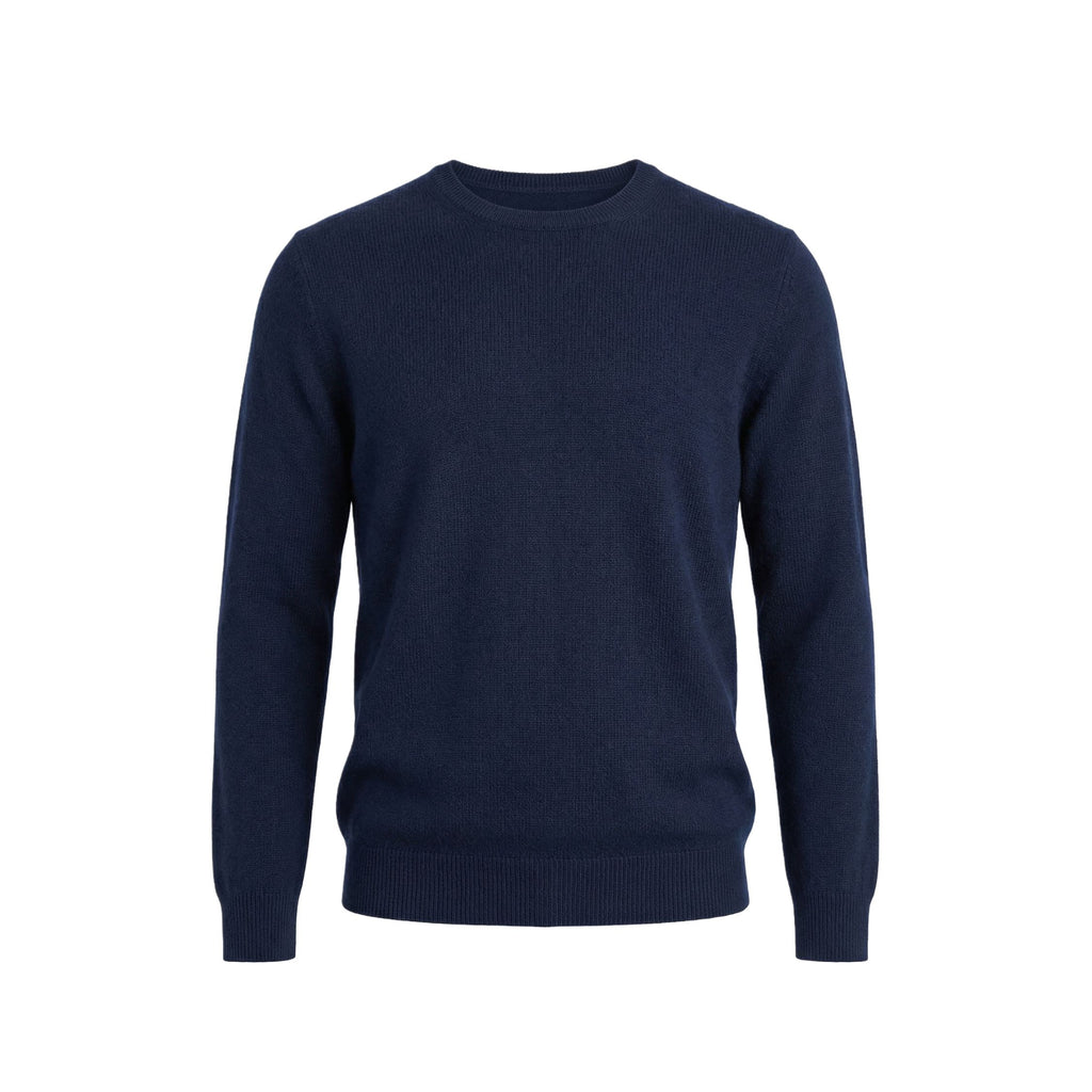 Navy blue sweater on a white 100% Cashmere background.