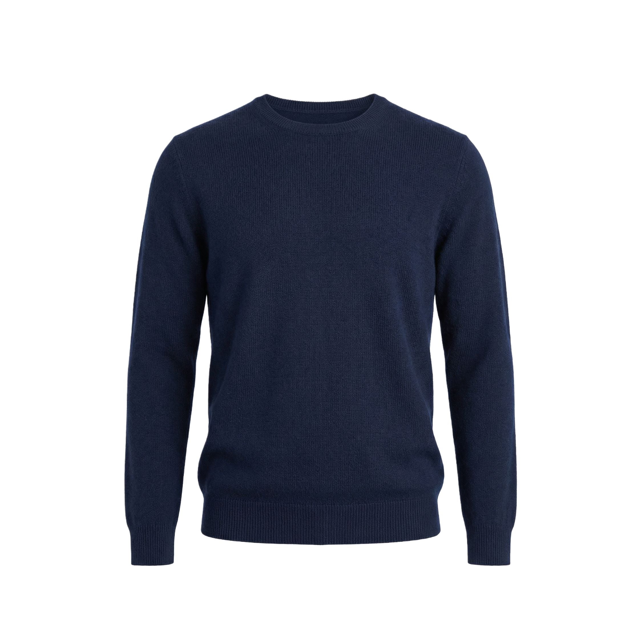 Navy blue sweater on a white 100% Cashmere background.