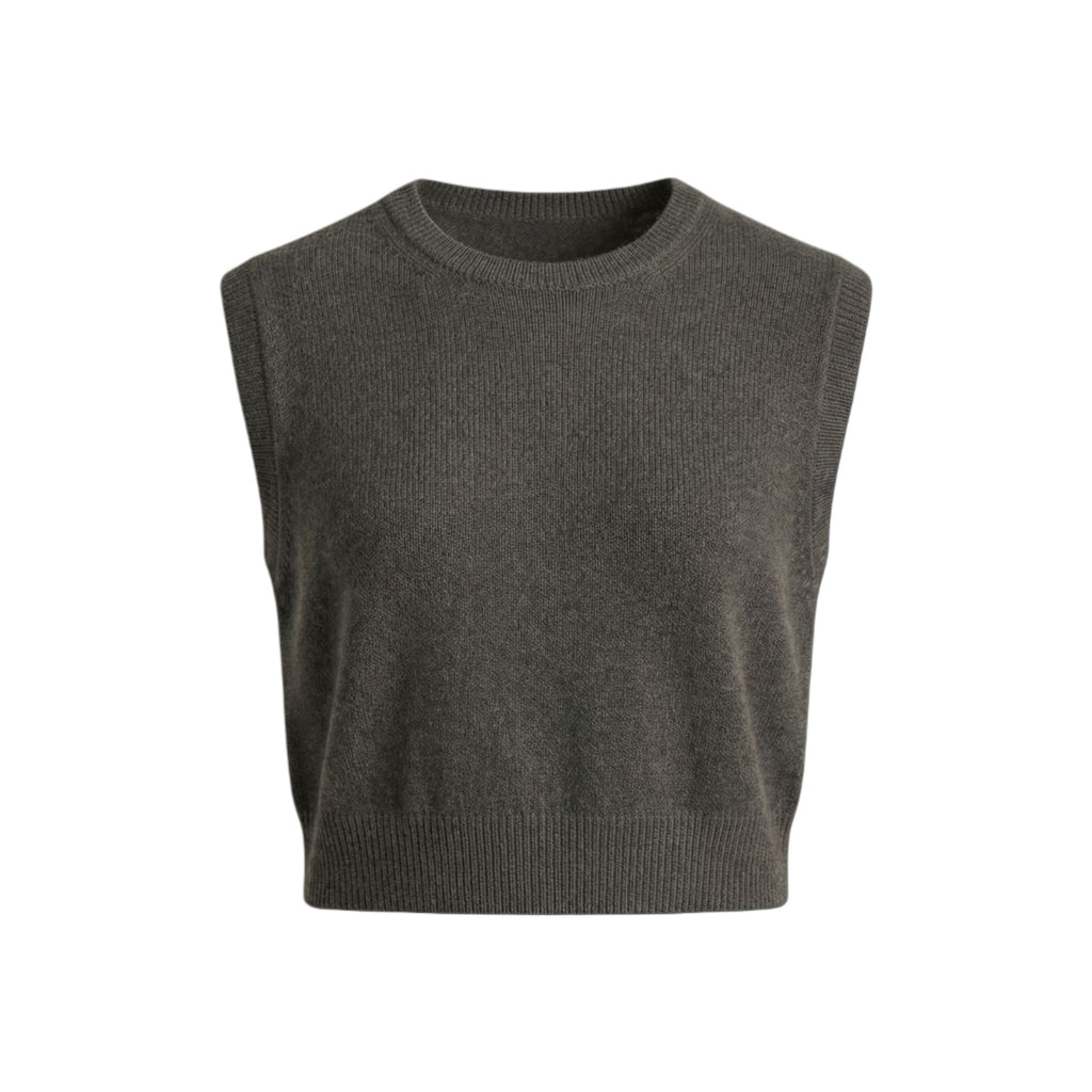 Dark gray 100% Cashmere sleeveless knitted crop top on a white background.