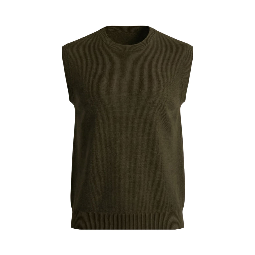 Brown sleeveless 100% cashmere sweater on a white background.