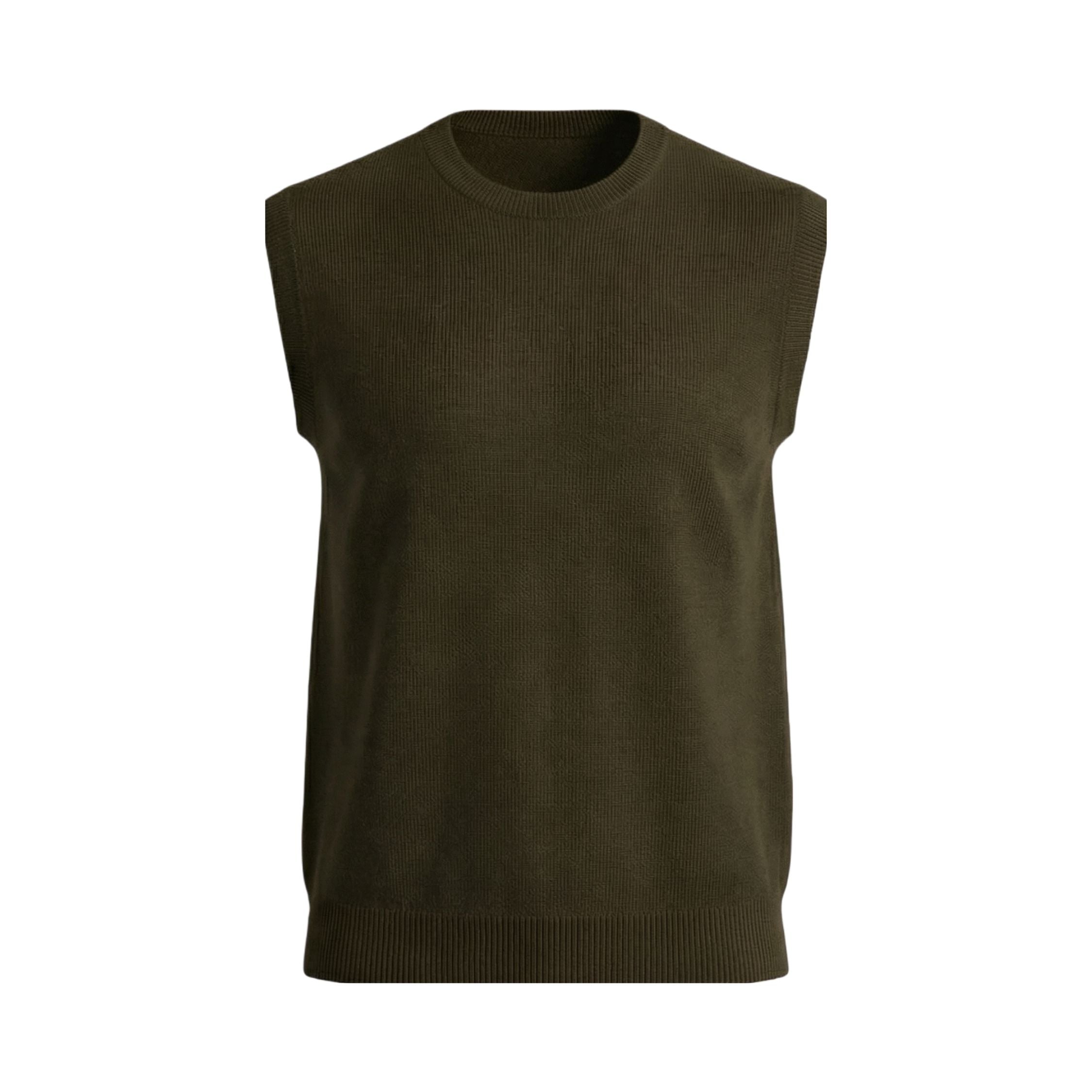 Brown sleeveless 100% cashmere sweater on a white background.