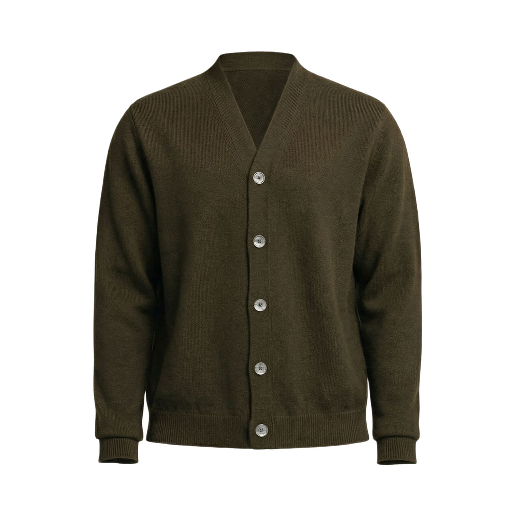 Dark green 100% cashmere cardigan with buttons on a white background