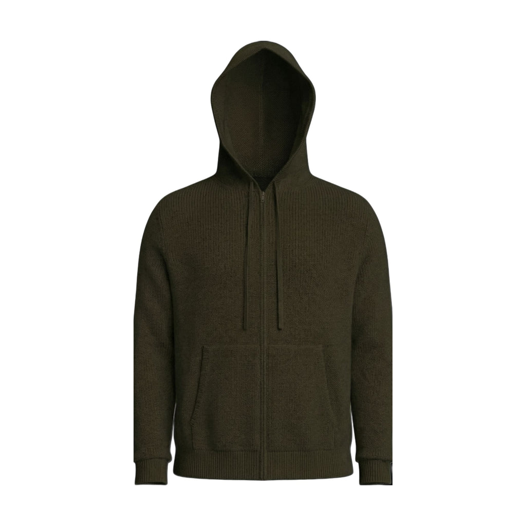 Dark green 100% cashmere hoodie on a white background.