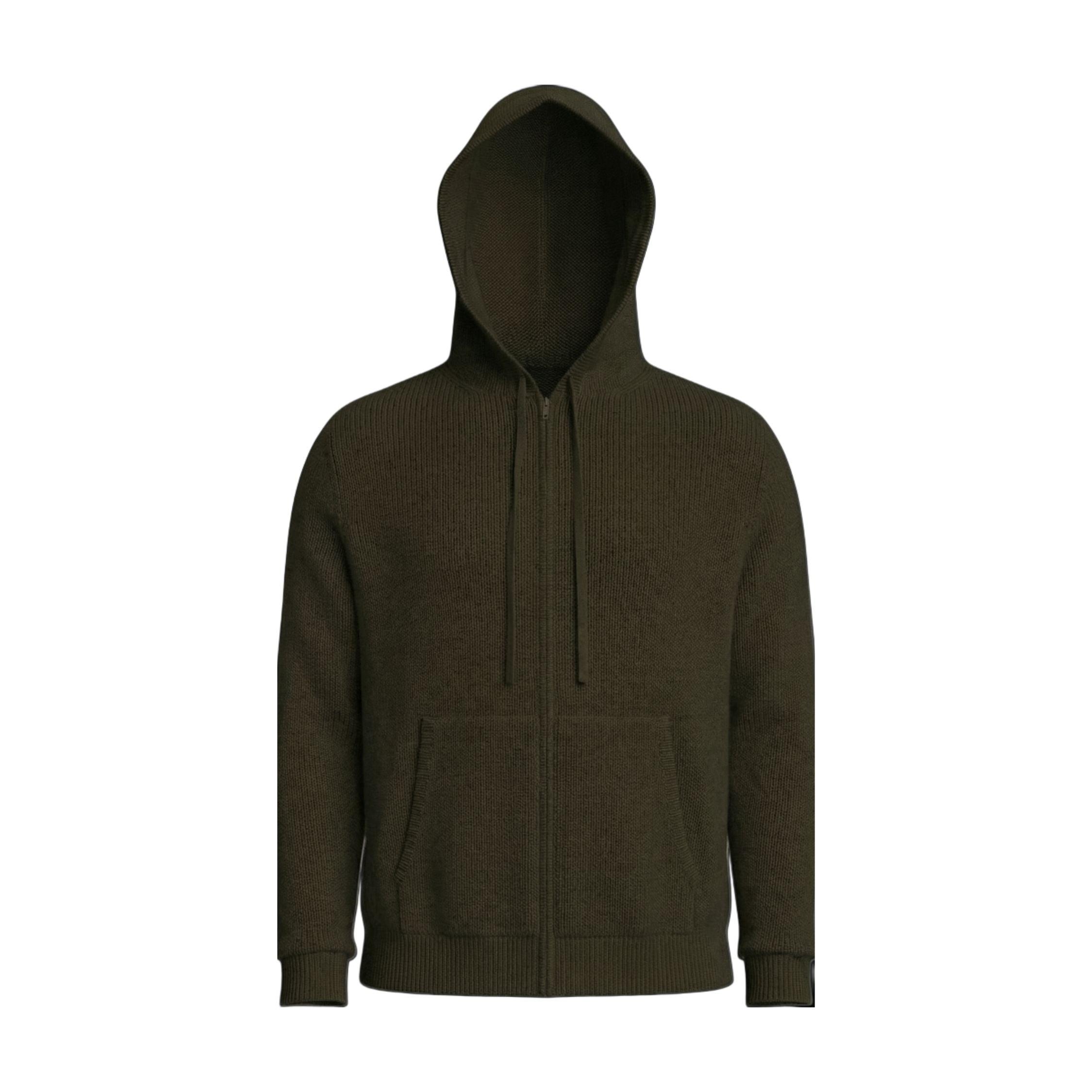 Dark green 100% cashmere hoodie on a white background.