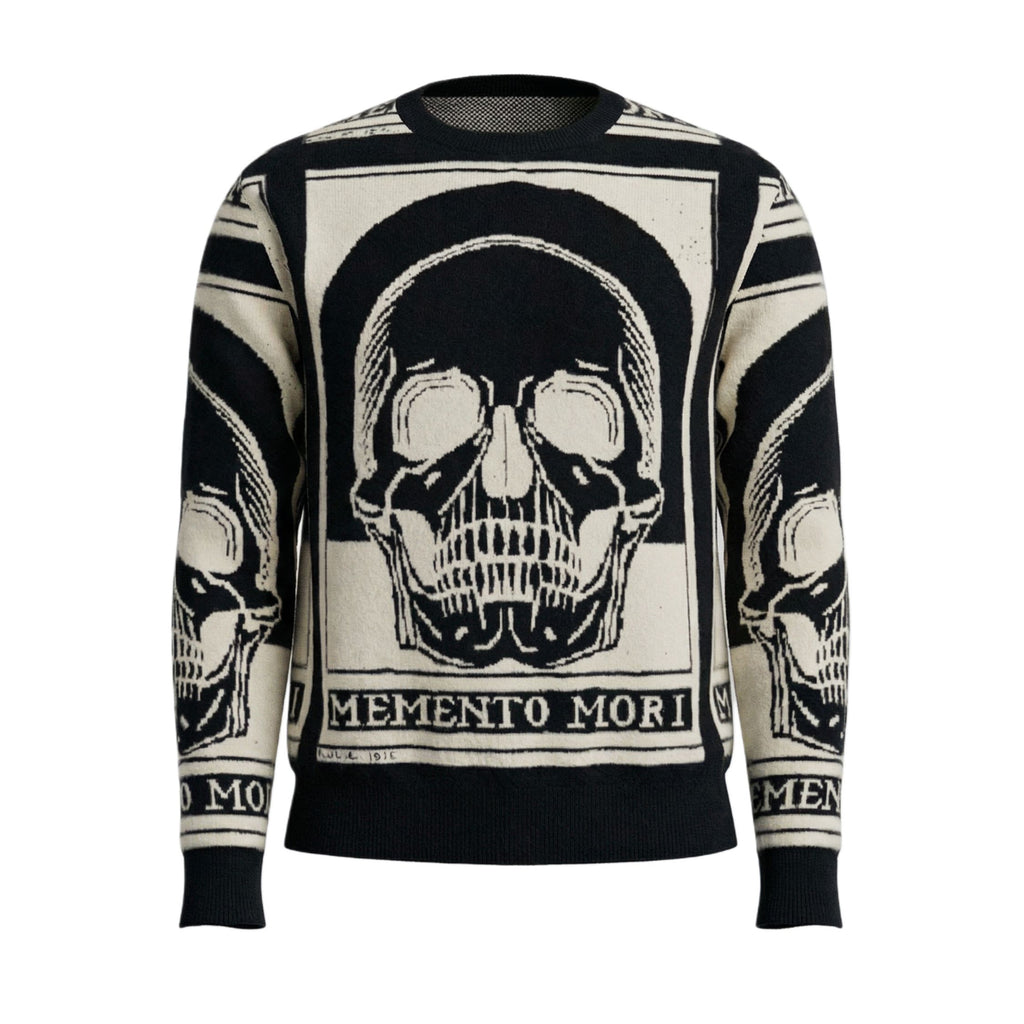 Black and white 100% cashmere sweater with skull design and 'Memento Mori' text on a white background