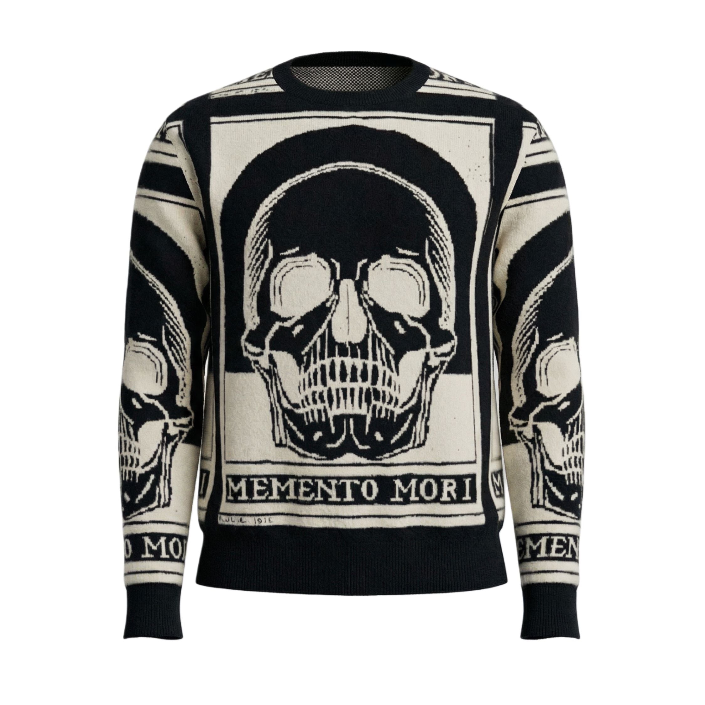 Black and white 100% cashmere sweater with skull design and 'Memento Mori' text on a white background