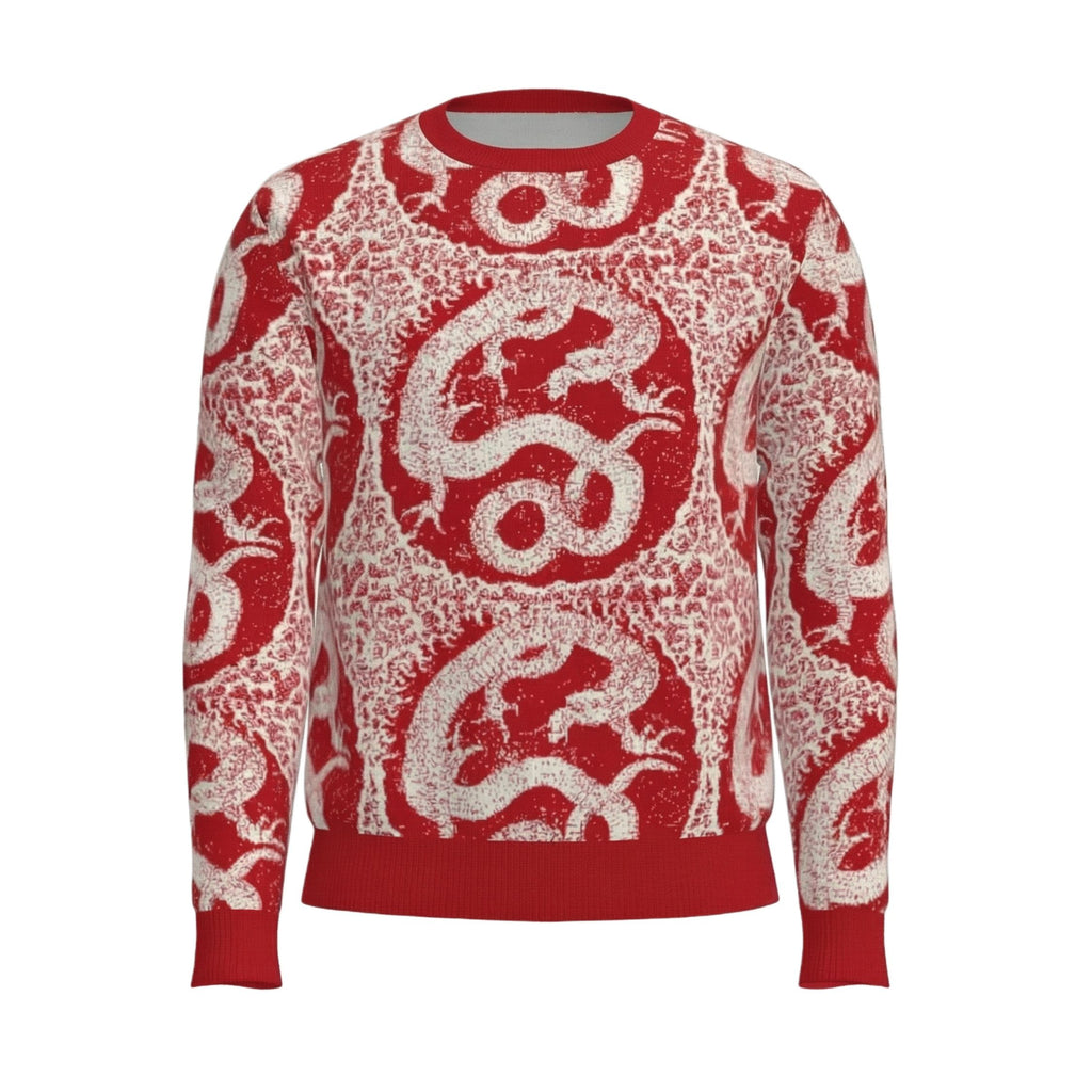 100% cashmere red sweater with white dragon pattern on a white background