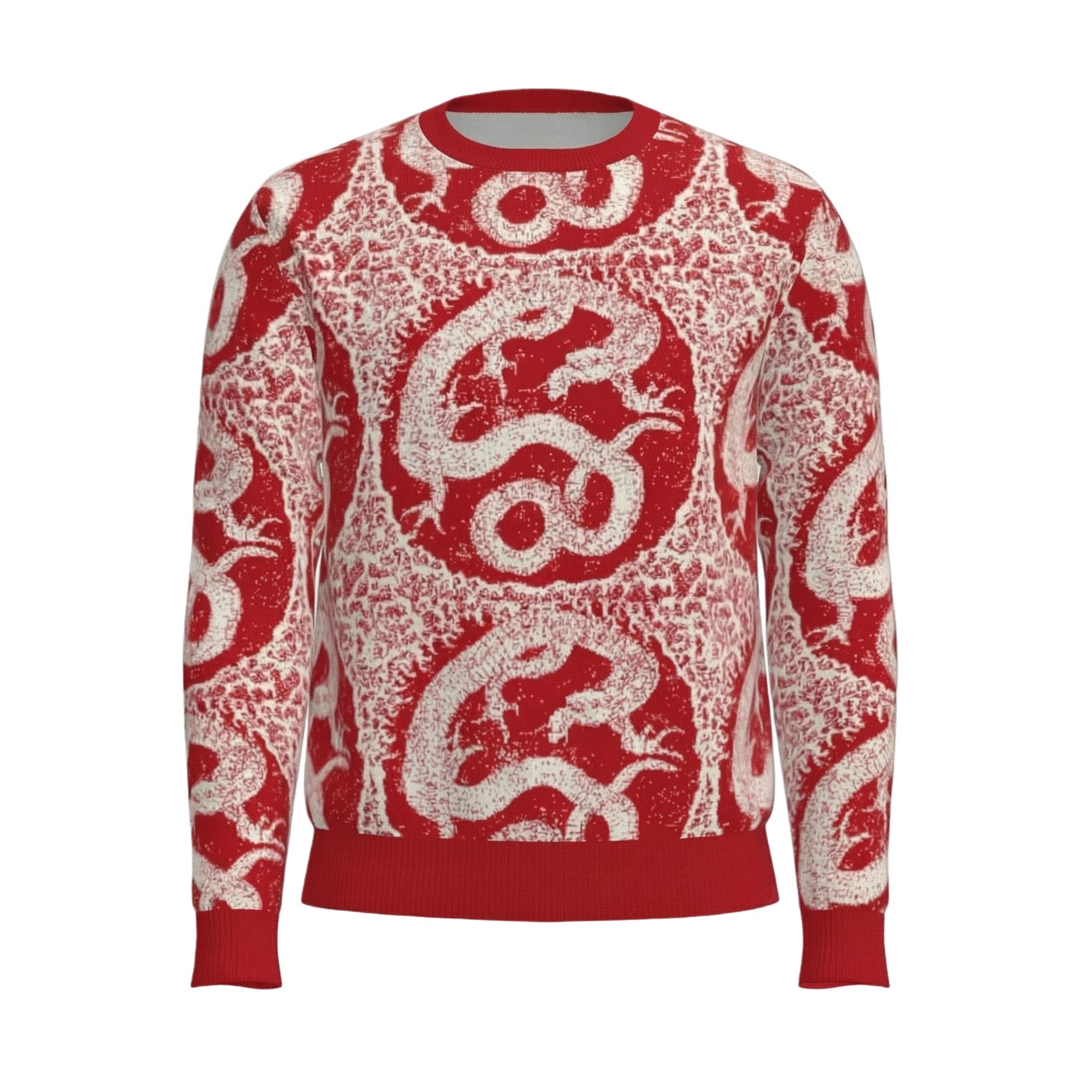 100% cashmere red sweater with white dragon pattern on a white background