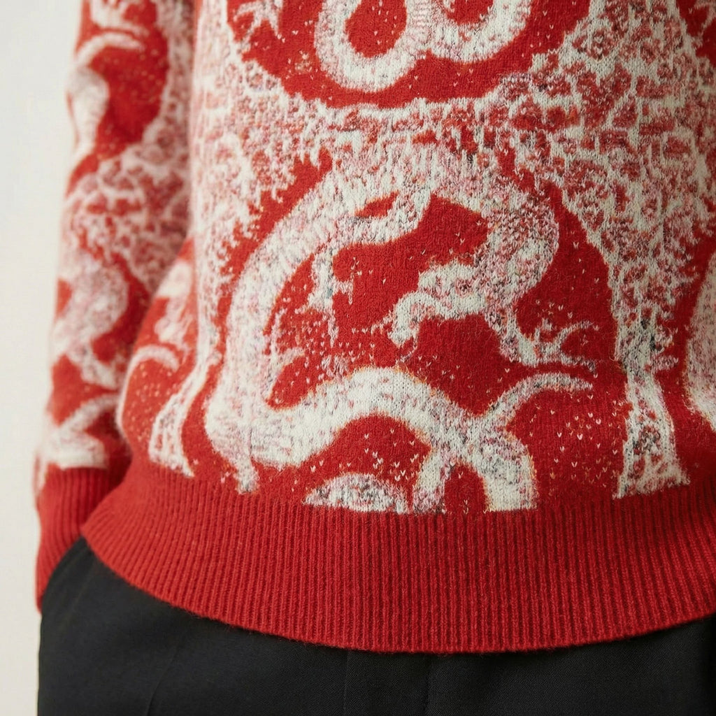 Close up of a 100% cashmere red sweater with white dragon design on a plain background