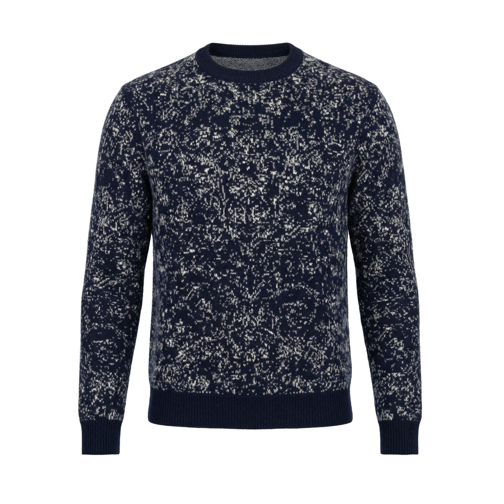 100% cashmere navy sweater with patterns design on a white background