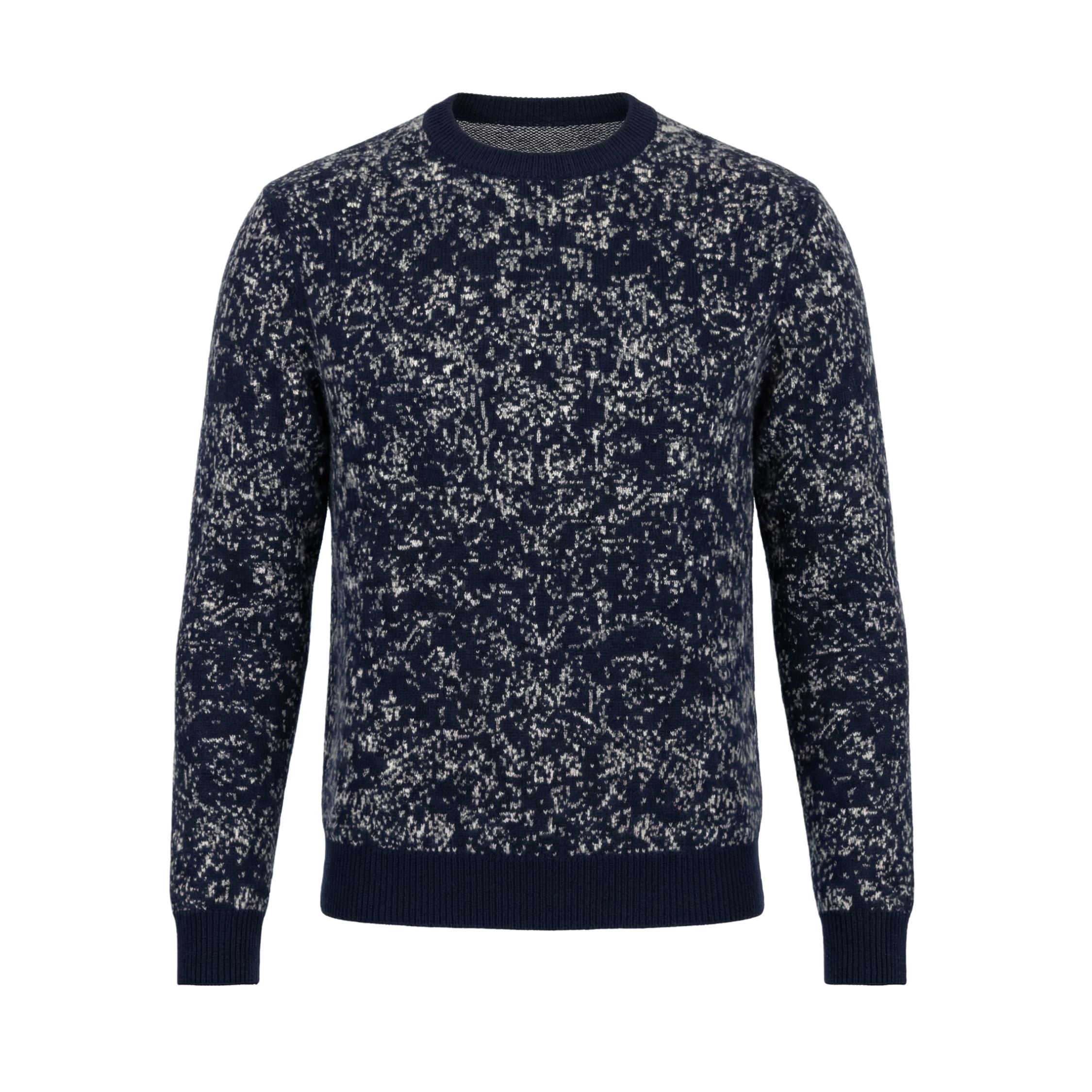 100% cashmere navy sweater with patterns design on a white background