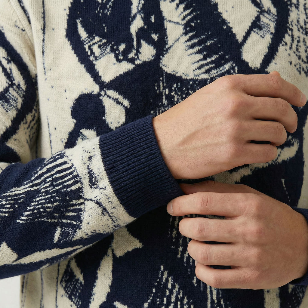 Close-up of a person wearing a patterned 100% cashmere sweater with their hands adjusting the sleeve.