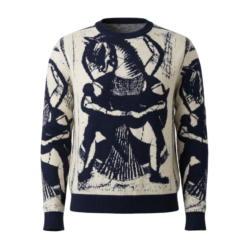 Navy and white 100% cashmere sweater with a graphic design of a woman and horse on a white background
