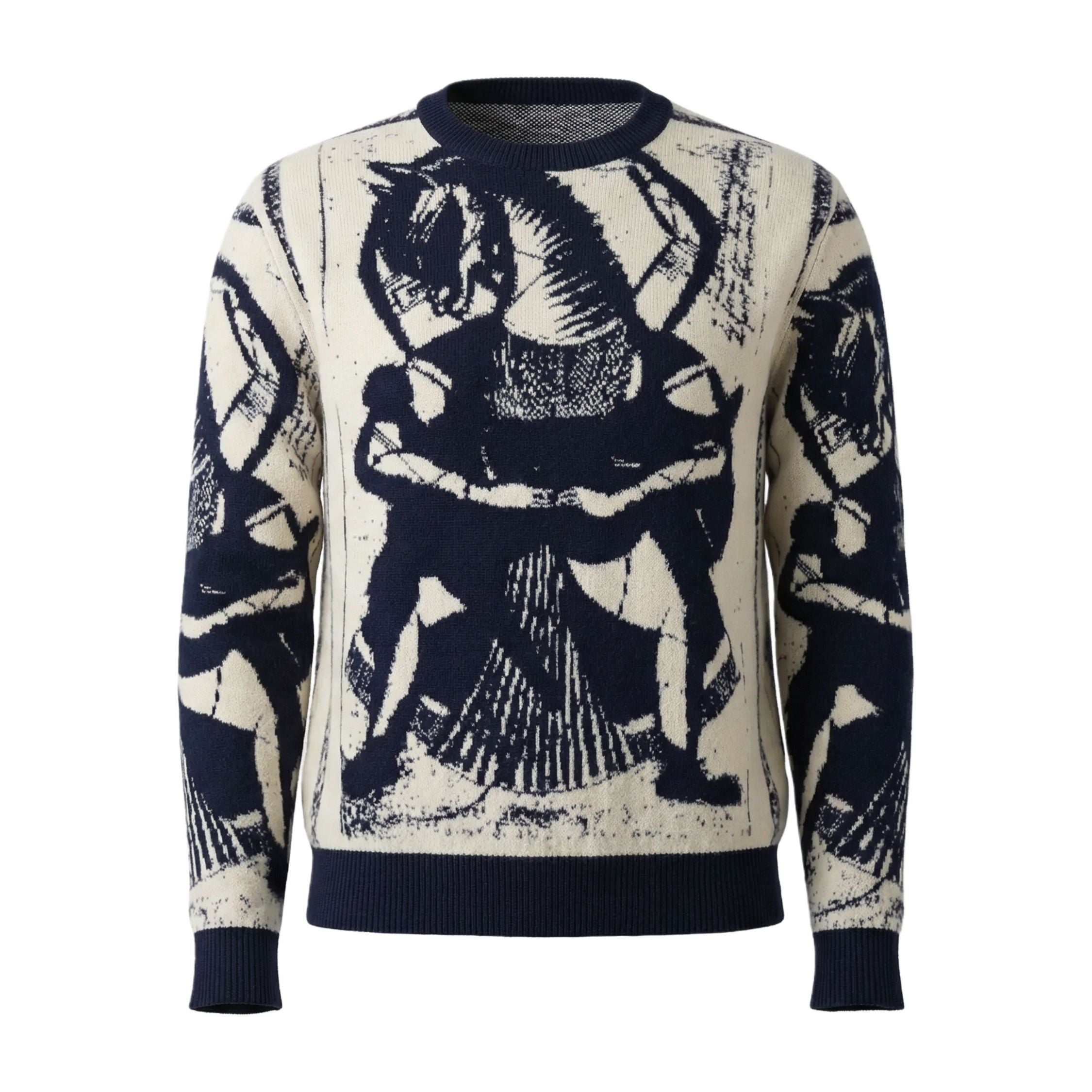 Navy and white 100% cashmere sweater with a graphic design of a woman and horse on a white background