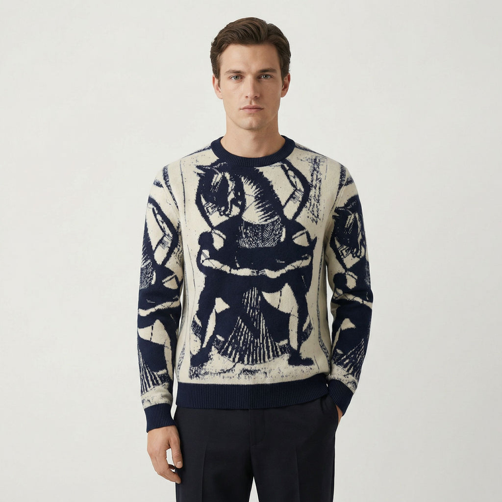 Man wearing a 100% cashmere sweater with a graphic design on a plain background