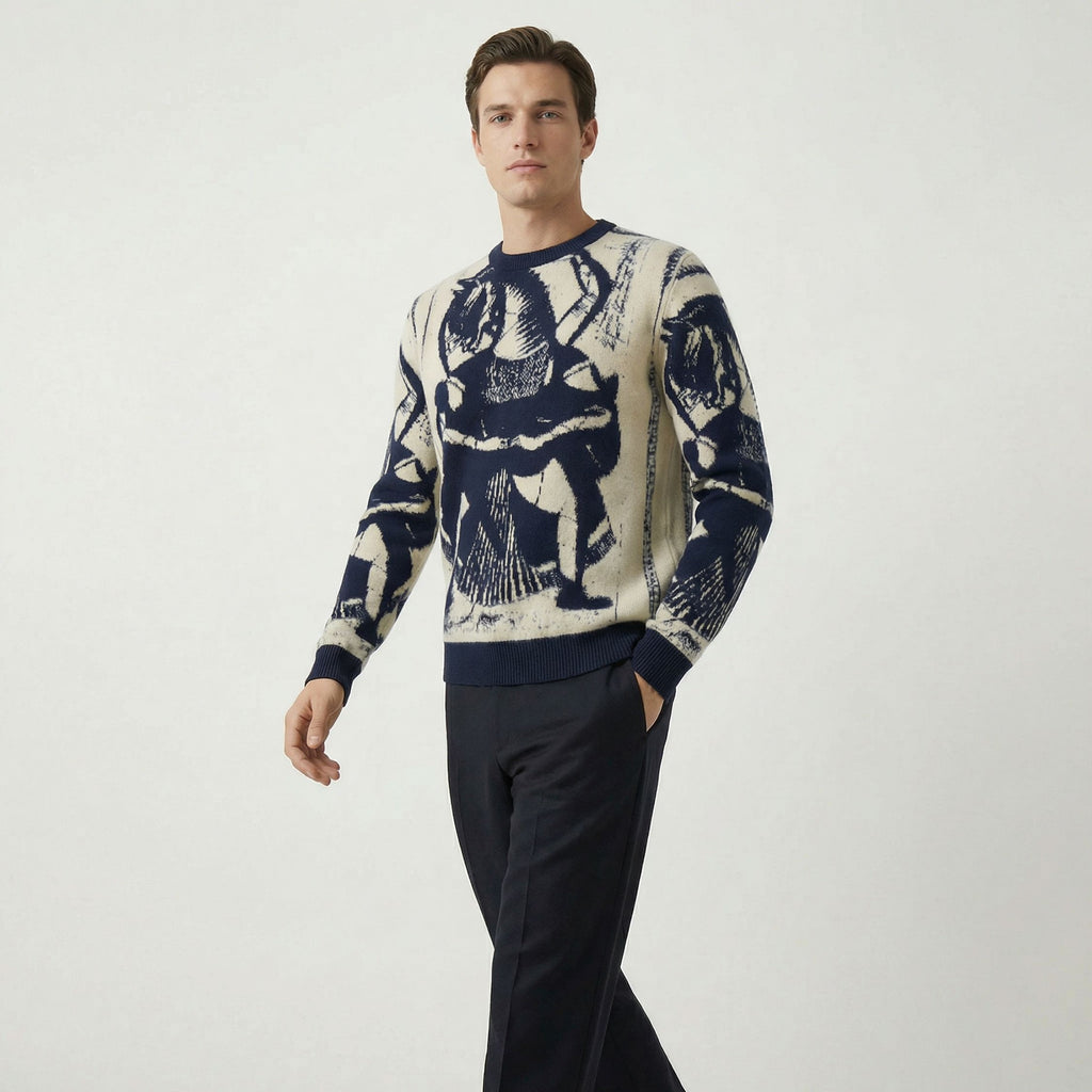 Man wearing a patterned 100% cashmere sweater on a plain background
