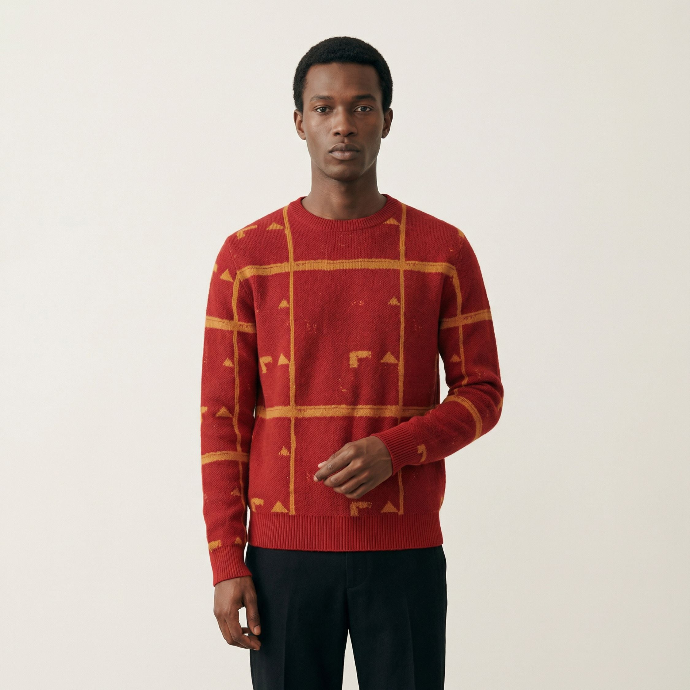Man wearing a 100% Cashmere red sweater with geometric patterns on a plain background