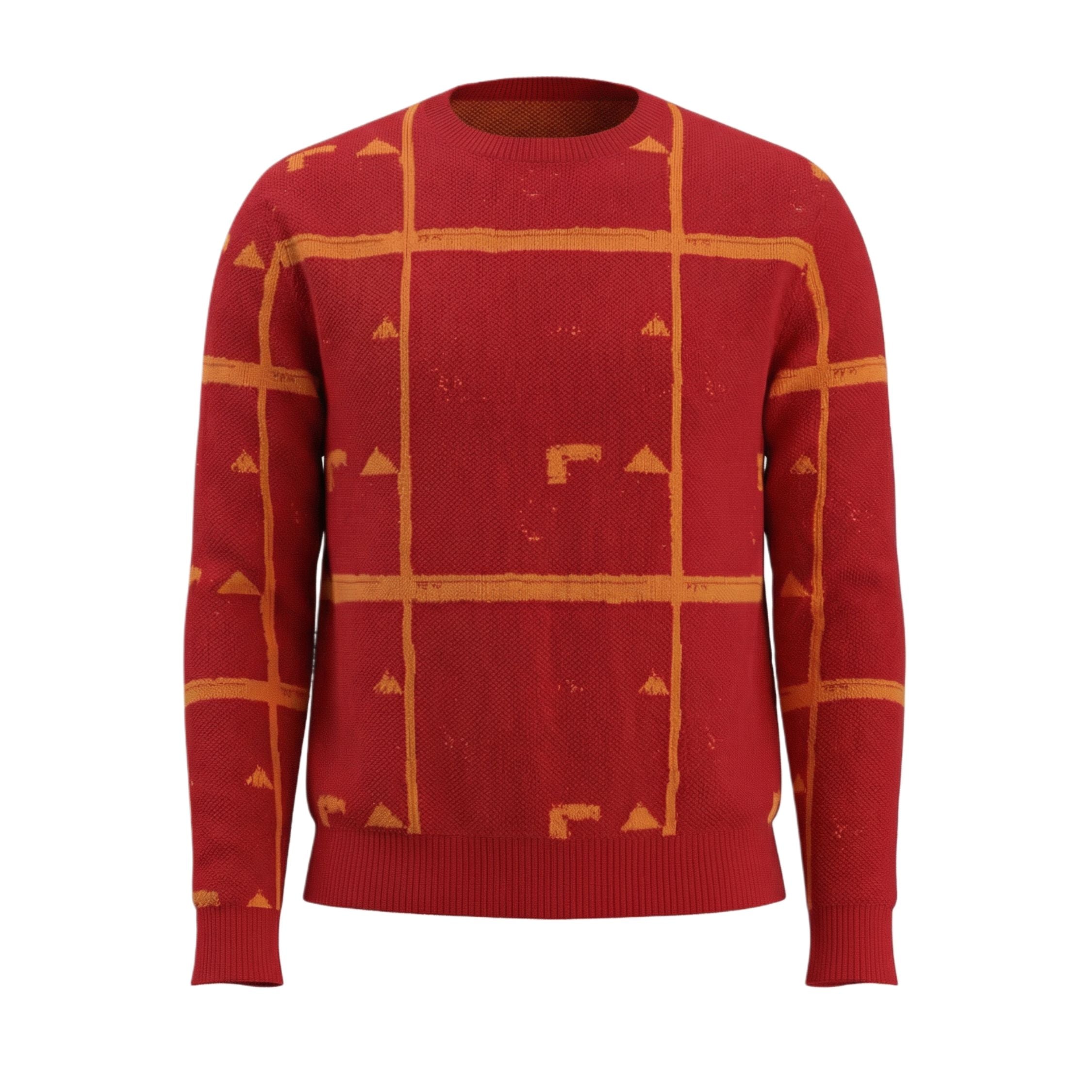 100% cashmere Red sweater with geometric pattern on a white background