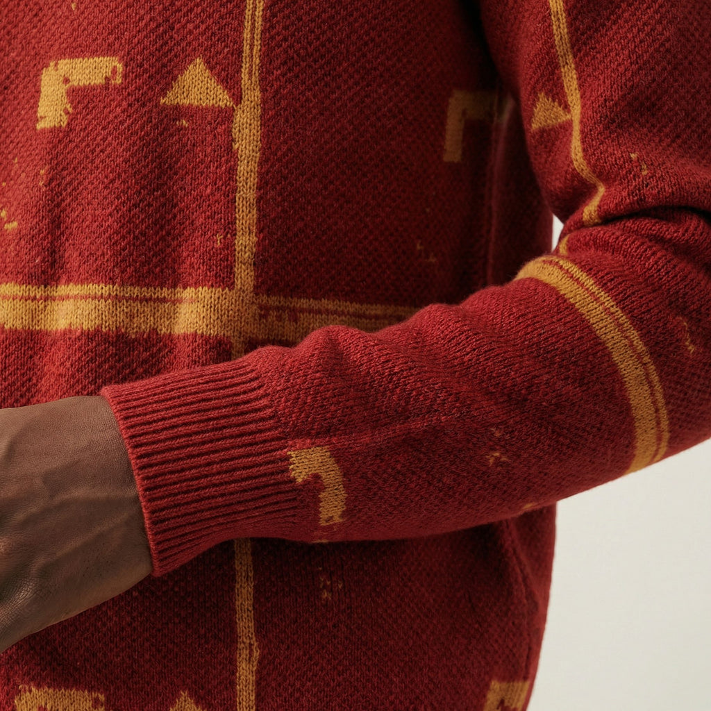 Close up macro shot of a 100% Cashmere red sweater with gold geometric patterns on a neutral background